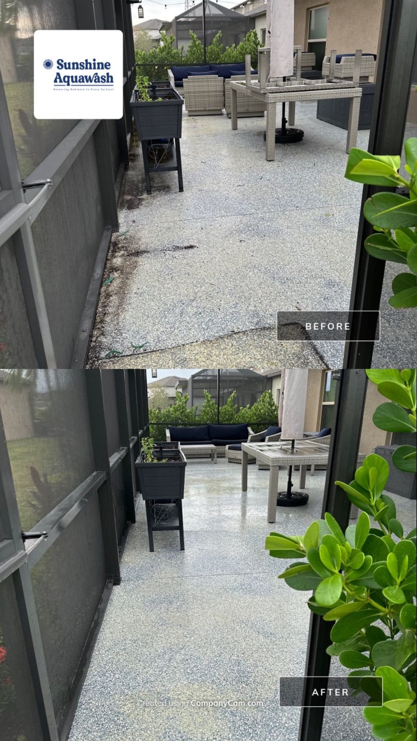 Lanai & Patio Cleaning with Epoxy-Coated Concrete Floor in Trevesta Community, Palmetto, FL | Sunshine AquaWash by Sunshine AquaWash