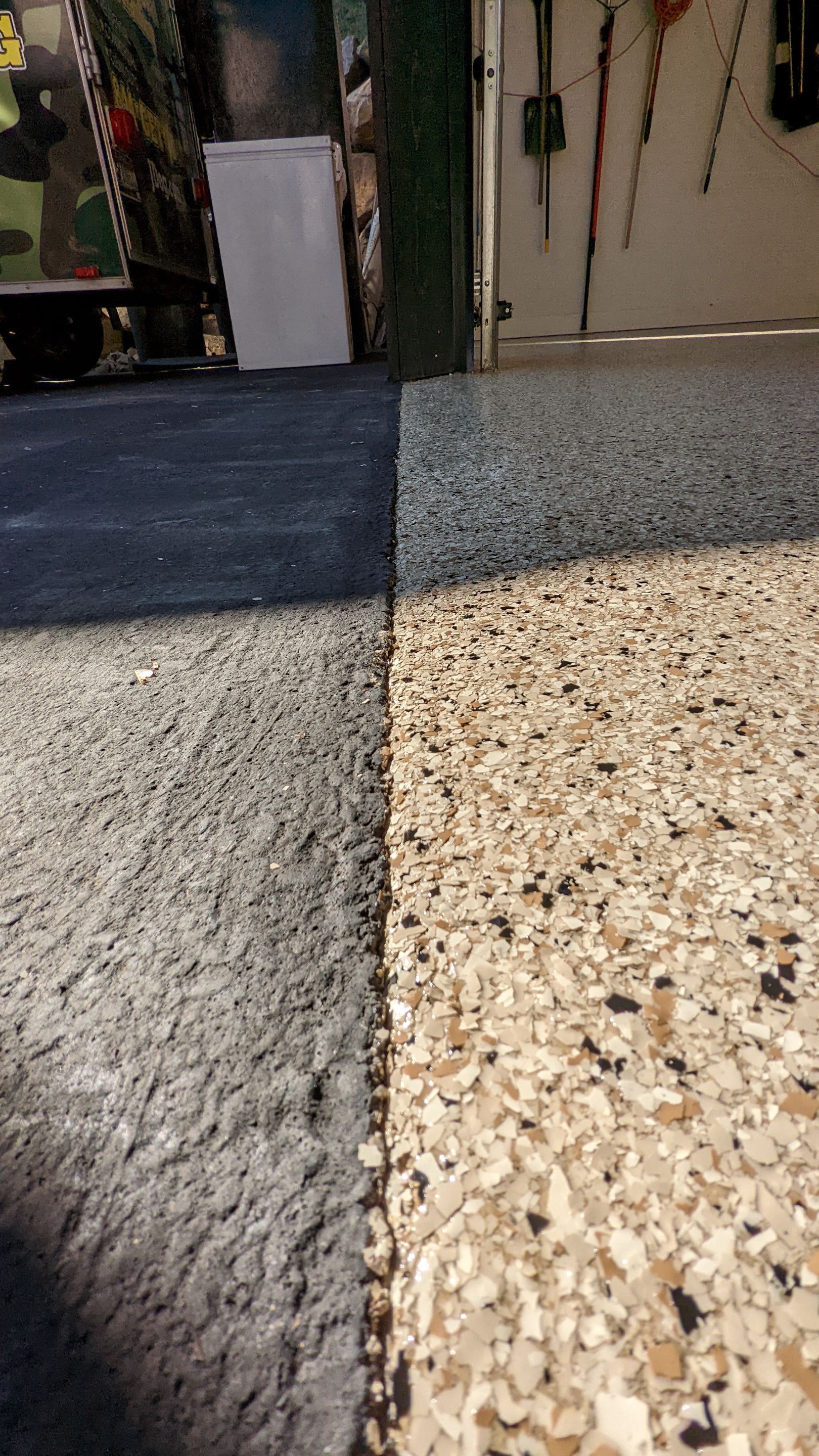 Driftwood Flake Garage Floor Transformation in Coeur d'Alene by Croc Coatings, LLC