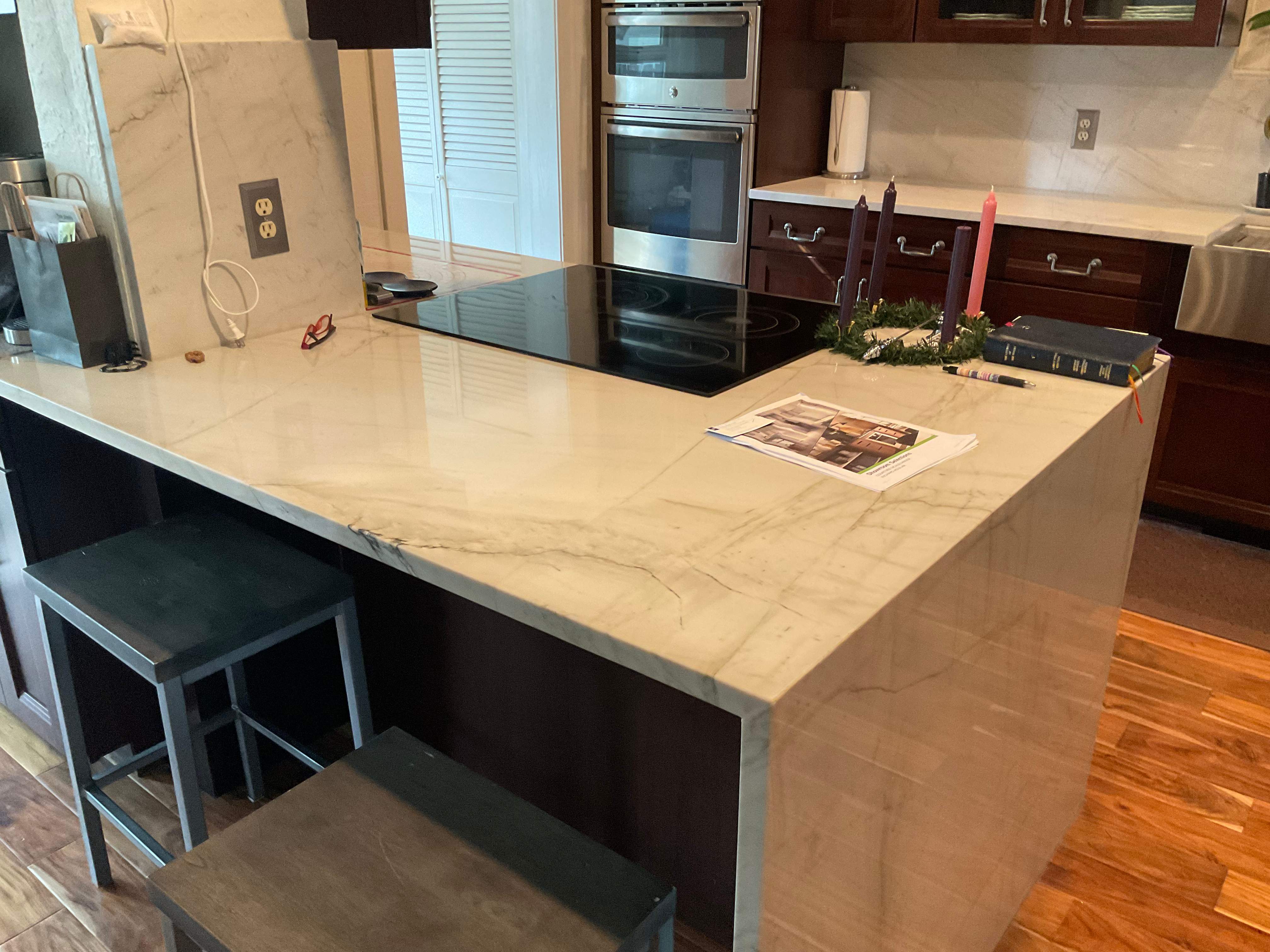 San Antonio Kitchen and Bathroom Remodel Featuring Marble-Patterned Tiles by Mena stone surfaces