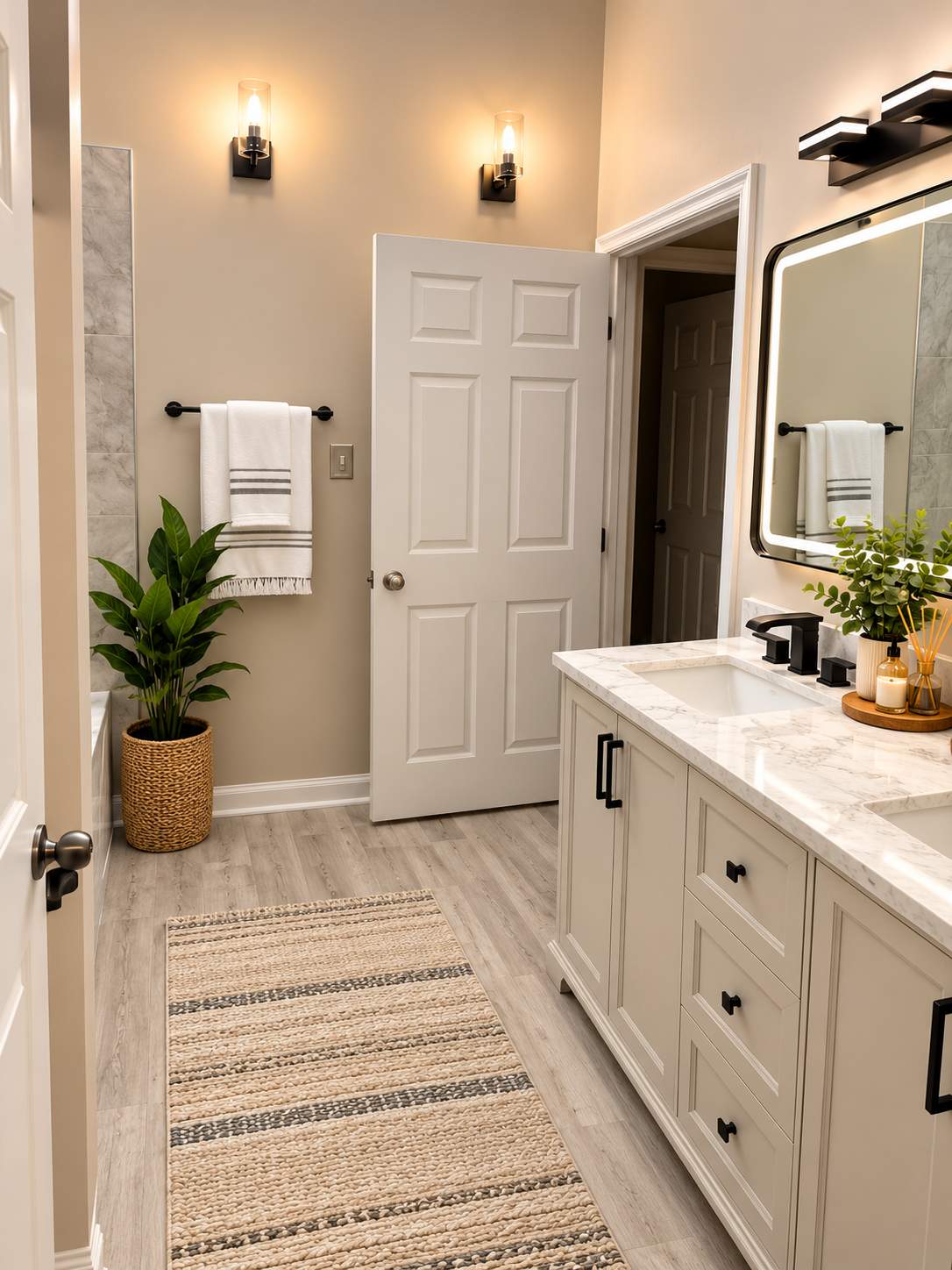 Modern Bathroom Remodel with Double Vanity & Spa-Inspired Tub/Shower by Remodel Now