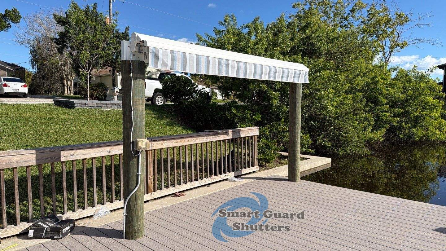 Retractable Awning in Sunbrella Marco Blue Grey by Smart Guard Shutters
