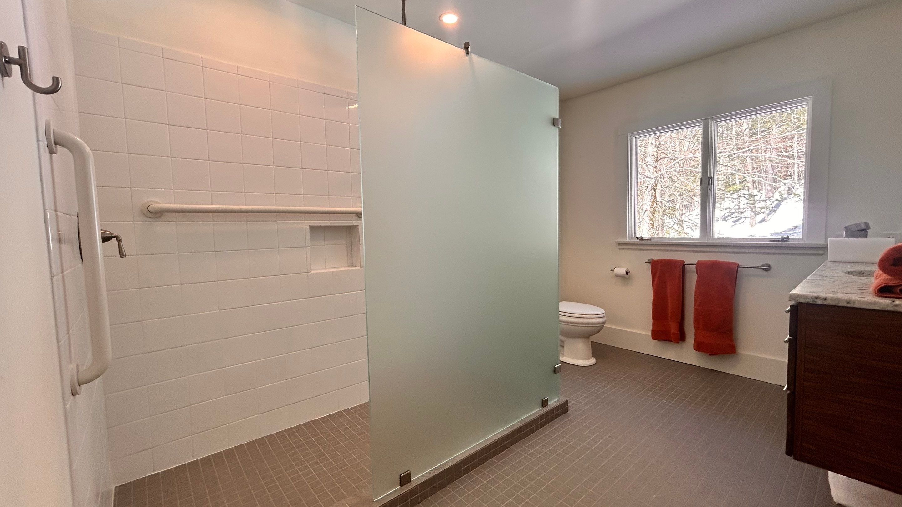 Shower using Acid Etched (Frosted) Tempered Shower Glass by Cheshire Glass Company