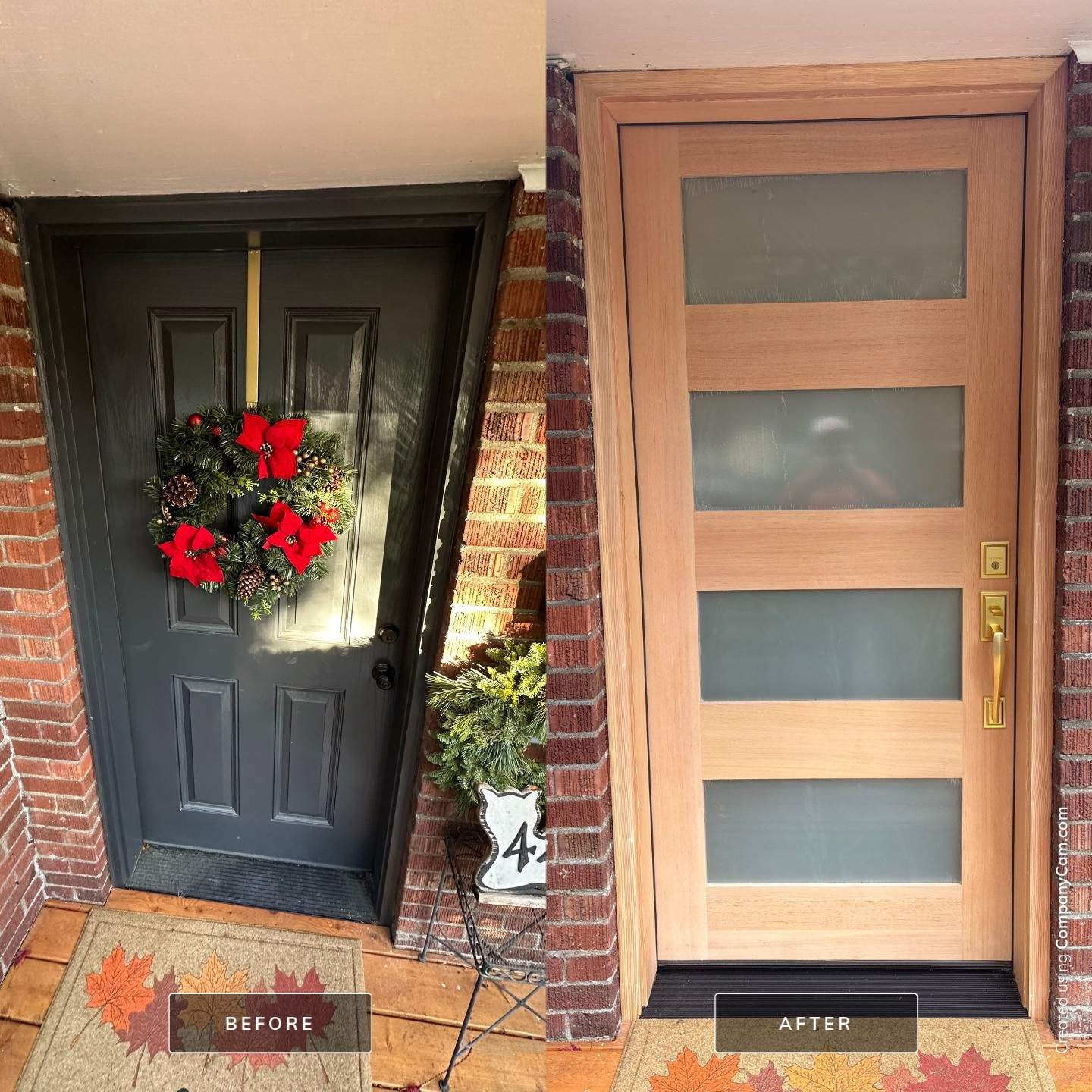 Modern Wood Entry Door Replacement with Frosted Glass in Seattle by Emerald City Energy