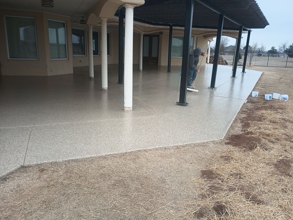 Patio & Sidewalk Coating Installation using Pecan with Redwood by Copperhead Coatings