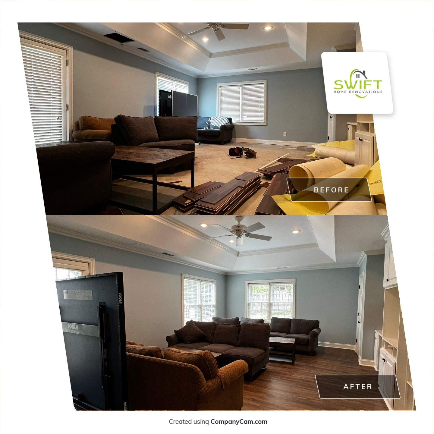Finished Basement Remodeling with Dark Wood-Look Flooring and Custom Wainscoting by Swift Home Renovations 