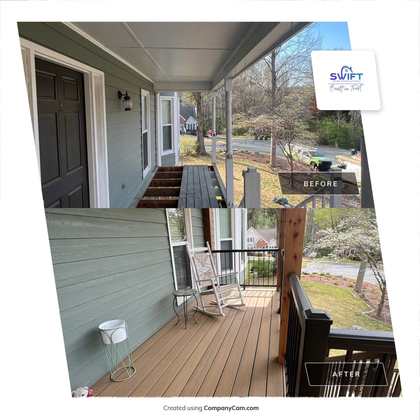 Composite Deck and Porch Renovation With Black Metal Railings by Swift Home Renovations 