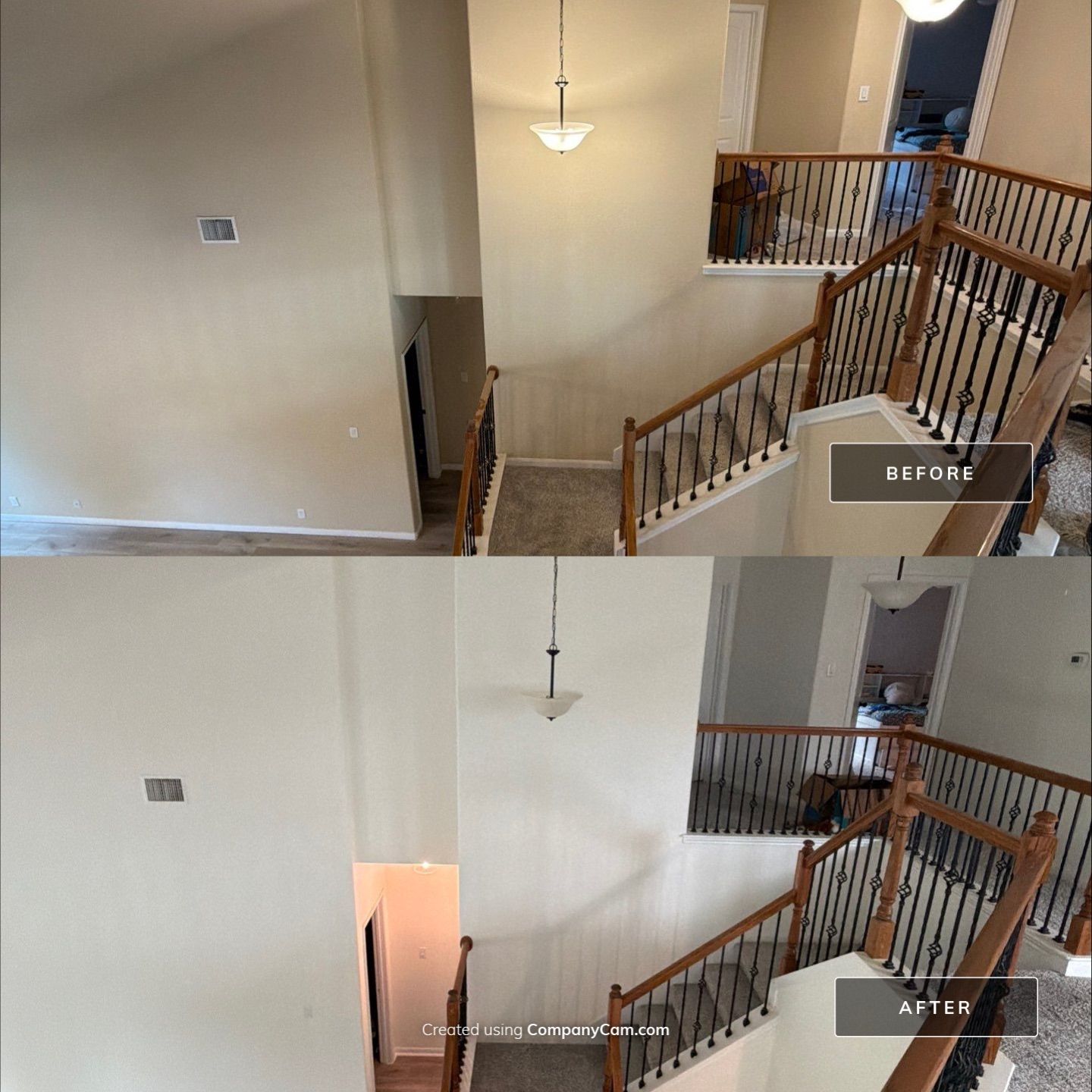 Before and after photo of an upstairs loft and staircase repainted by Hill Country Painting in Dripping Springs, TX