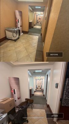 Before and after photo of a medical office corridor repainted by Hill Country Painting in Austin, TX