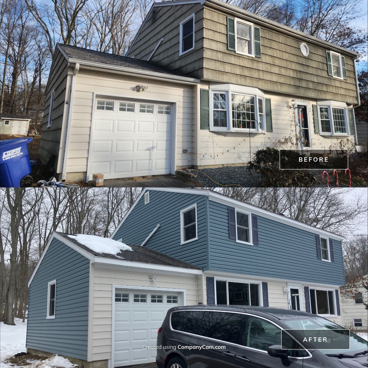 Siding Transformation with Certaplank S/7 insulated Herringbone, and Cert Monogram D/5x12' Dutchlap Wedgewood Blue by DiGiorgi Roofing and Siding Inc