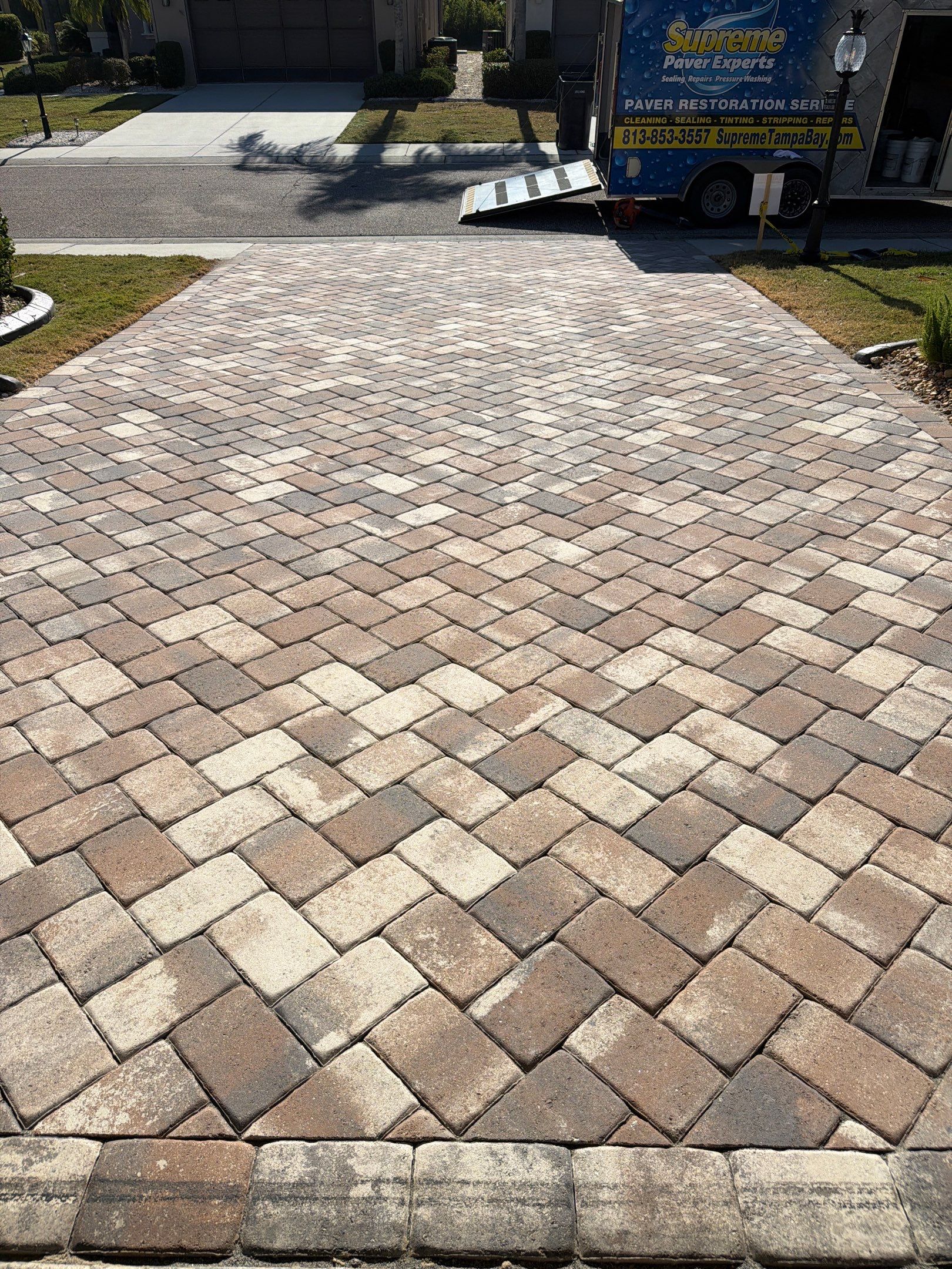 Herringbone Paver Driveway Repair, Stripping and Sealing in Sun City Center by Supreme Paver Experts