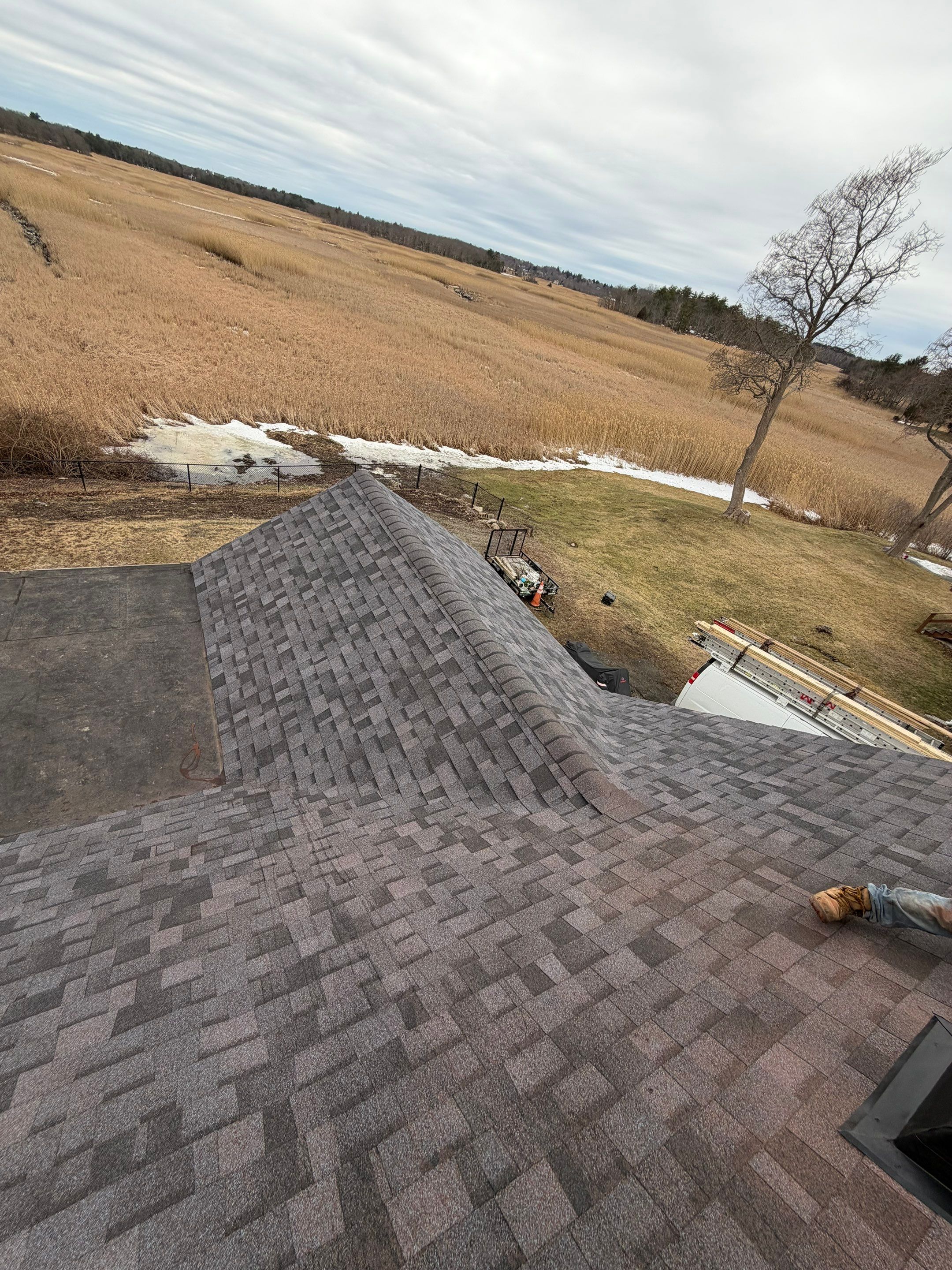 Skylight Removal & Full Roof Replacement in Salisbury, MA – Owens Corning Duration Designer, Midnight Plum by JOHNNYS PRO