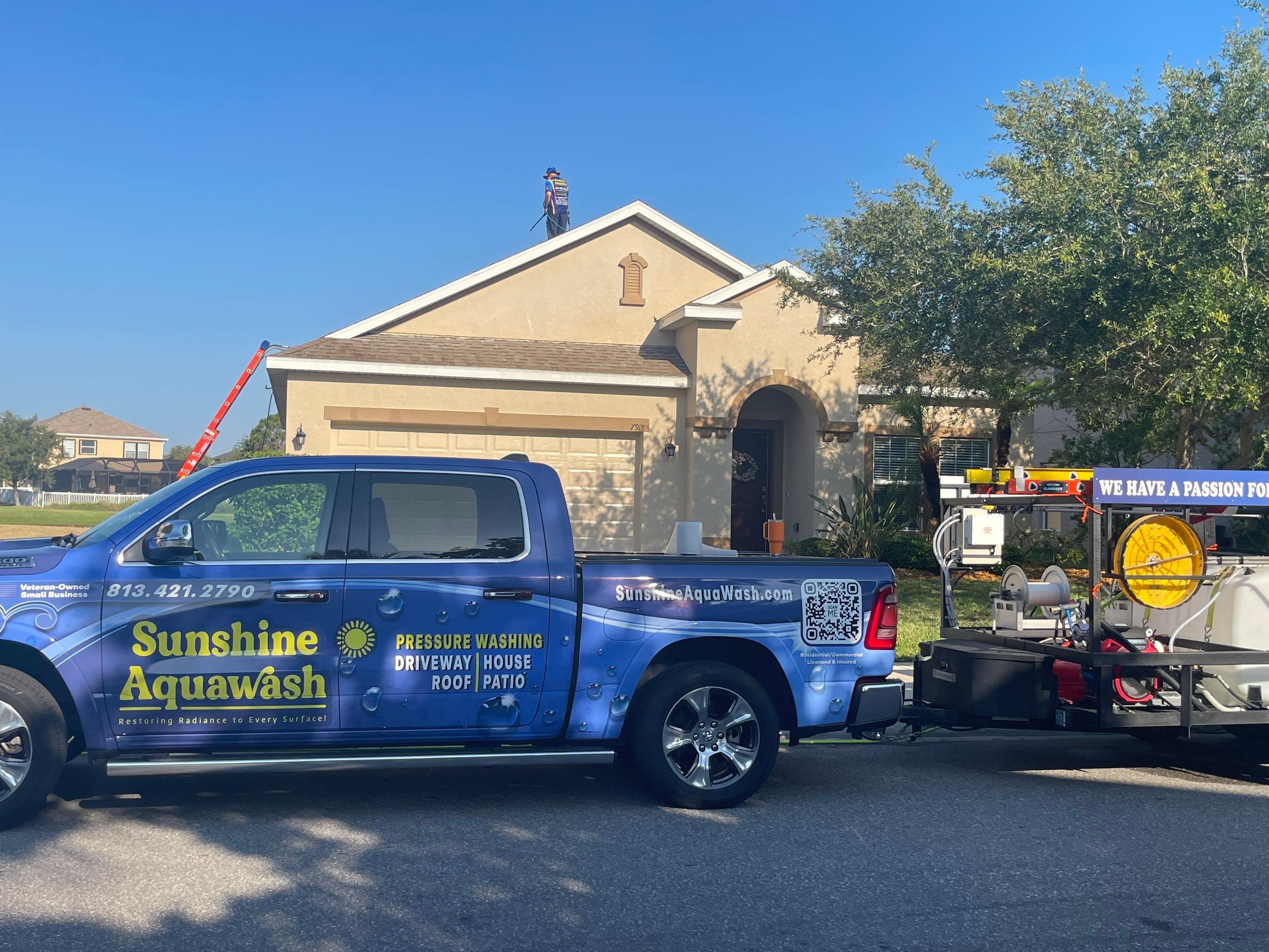 Asphalt Shingle Roof Soft Wash Cleaning & Concrete Pressure Washing in CopperStone Community, Parrish, FL by Sunshine AquaWash