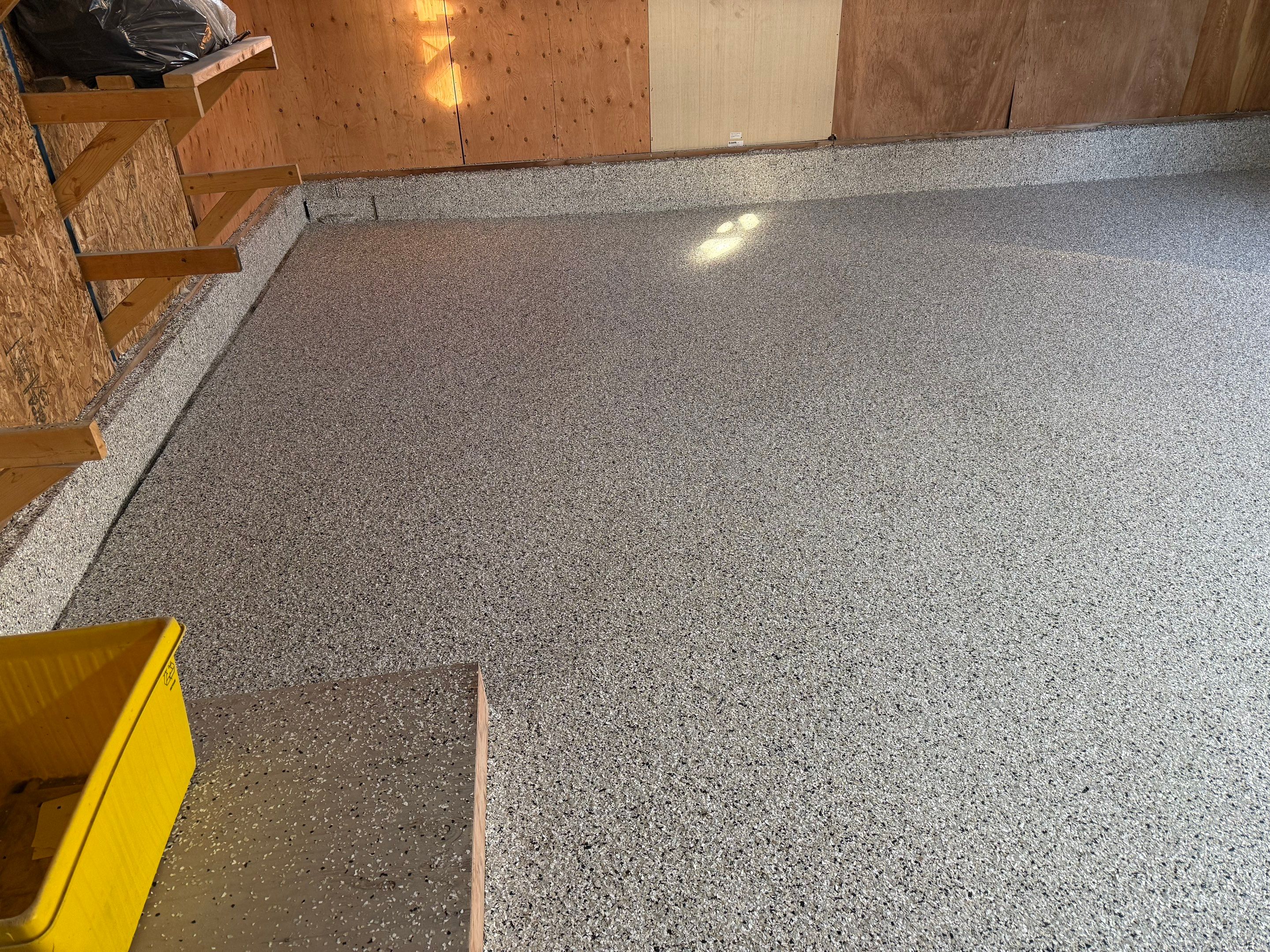 Multi-Colored Epoxy Garage Floor Coating and Concrete Stair Restoration by Select Painting, Coatings & Garage Cabinets