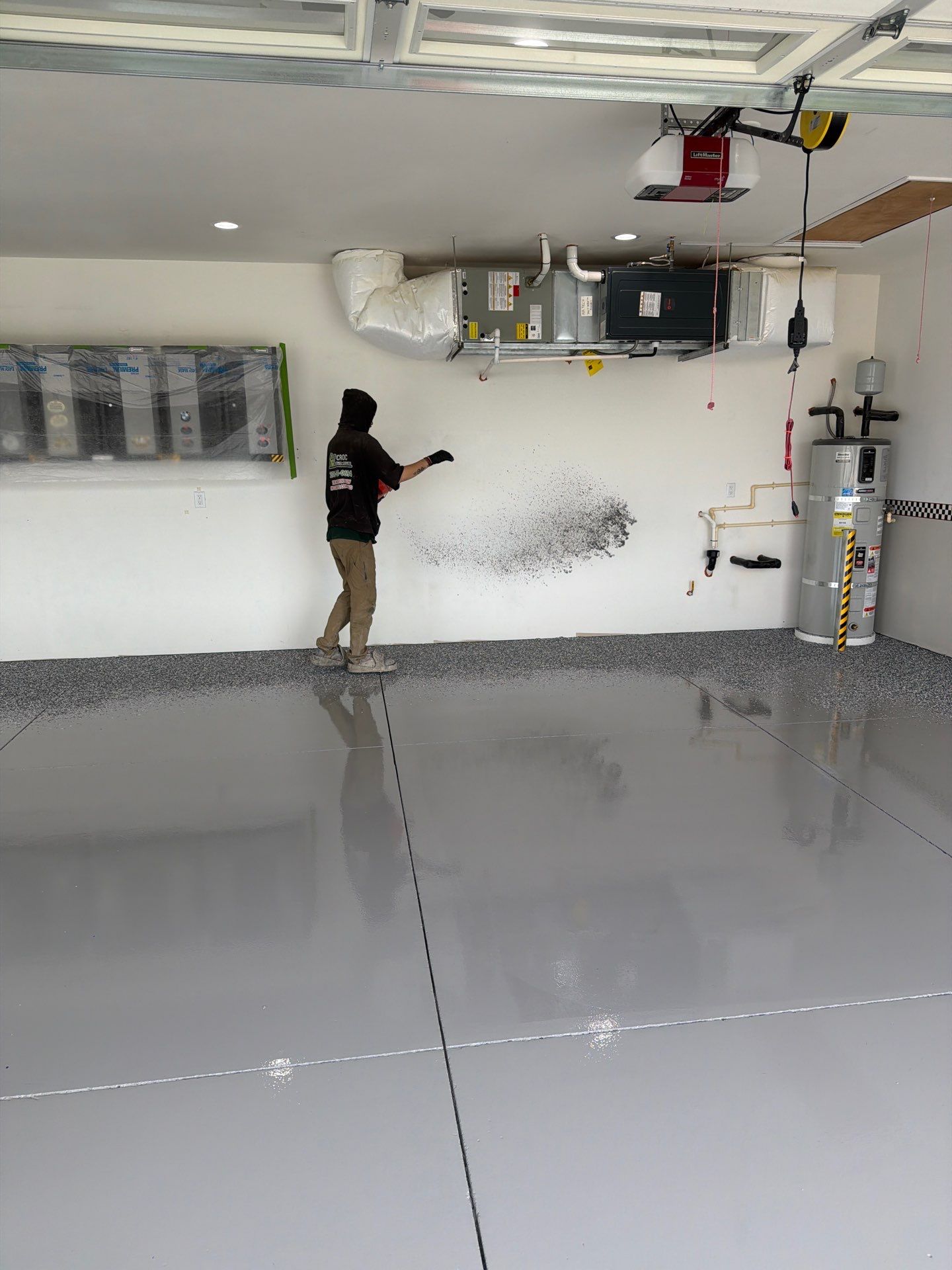 Full Garage Floor Transformation in Smoke 1/4" Flake Finish by Croc Coatings, LLC