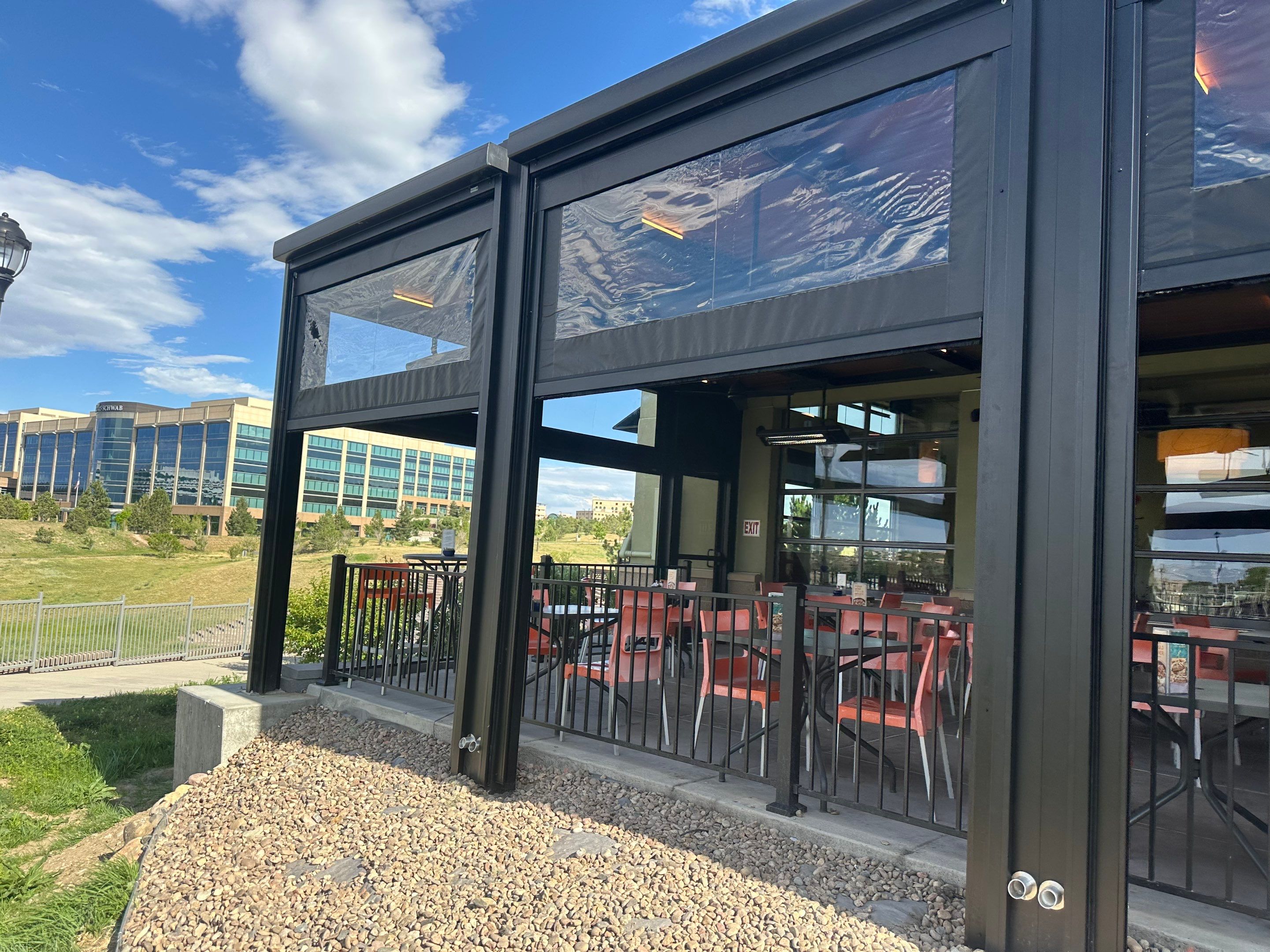Commercial Azenco Pergola and MagnaTrack Screen Installation in Lone Tree by Outdoor Solutions Colorado