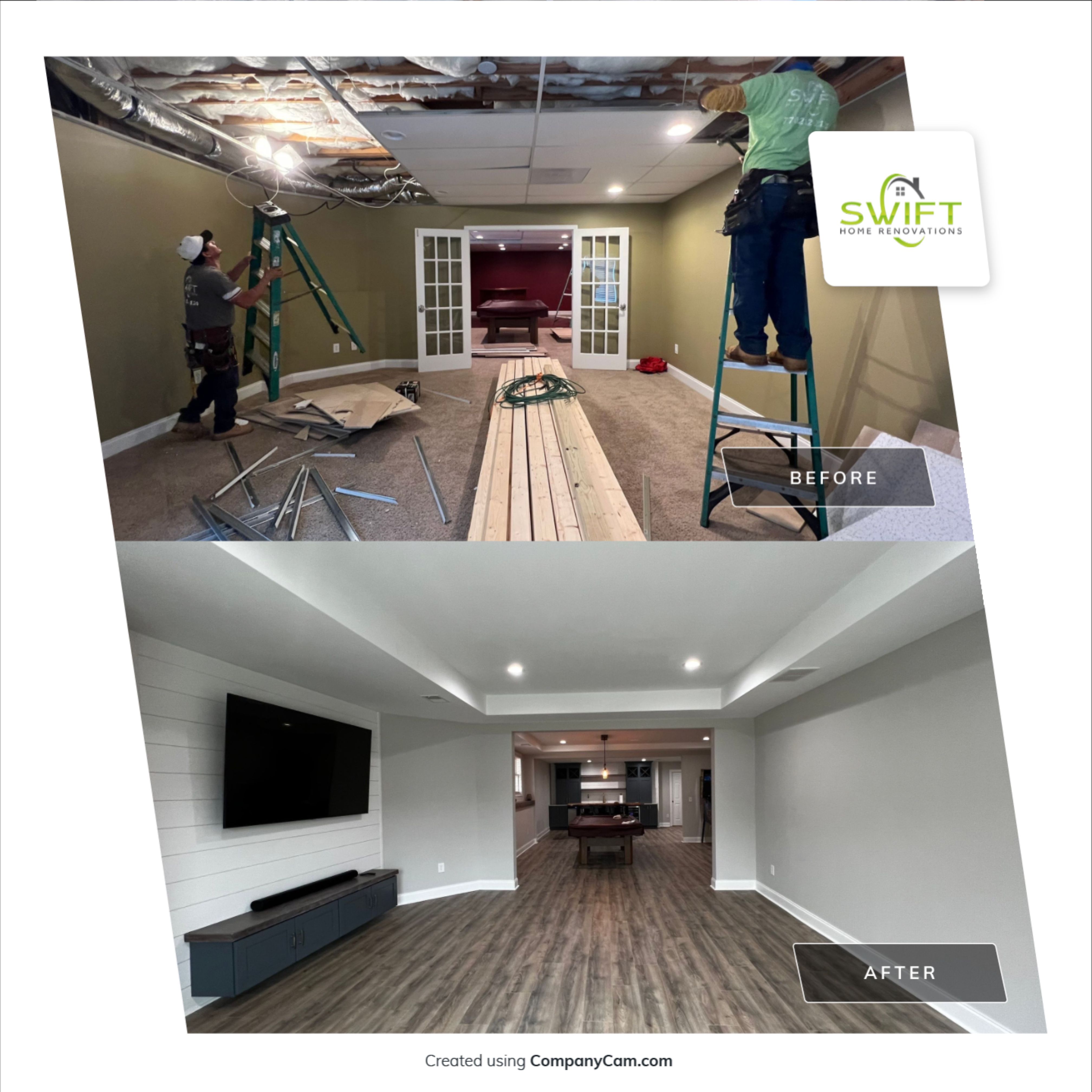 Modern Basement Remodeling in Woodstock with Custom Live-Edge Bar by Swift Home Renovations