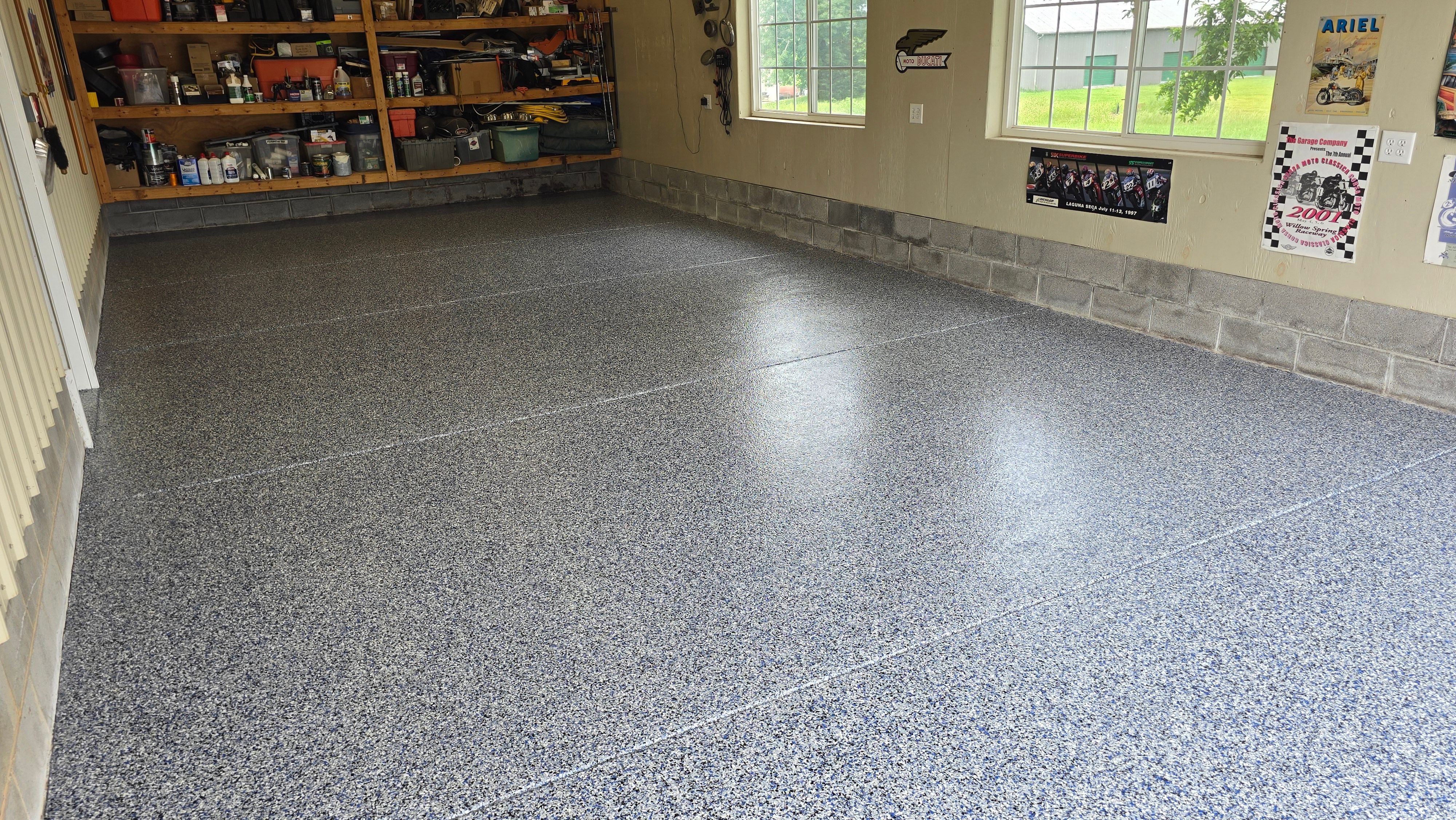 Two garages completed using Shoreline and Midnight by Elite Floor Solutions