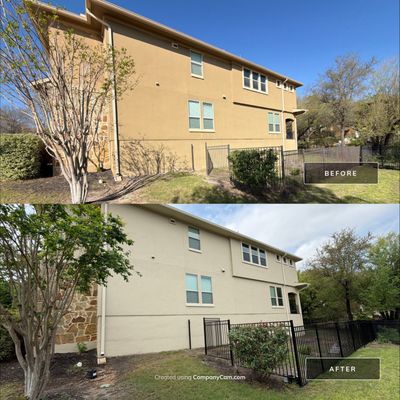 Before and after photo of a home exterior side wall repainted by Hill Country Painting in Leander, TX