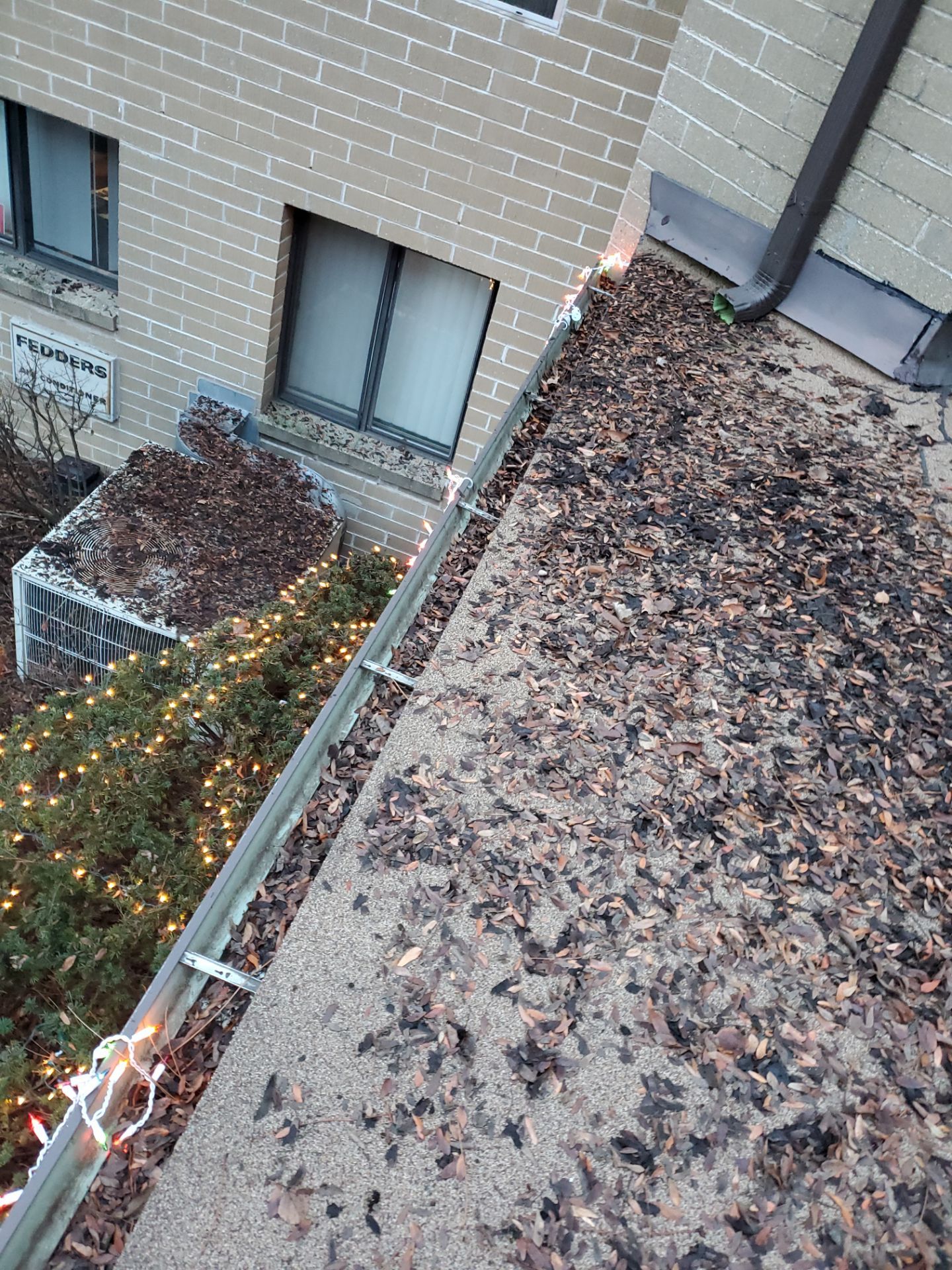 Commercial gutter cleaning West Allis, WI before photo with filled gutters