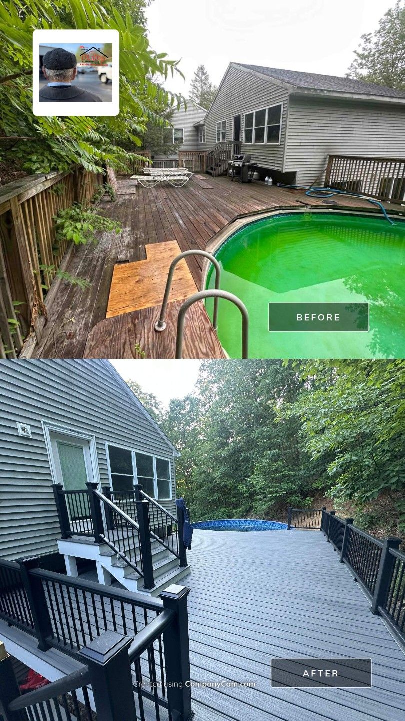 Pool Deck replacement, Trex Tropical Island Mist , Black Transcend railing. by DiGiorgi Roofing and Siding Inc