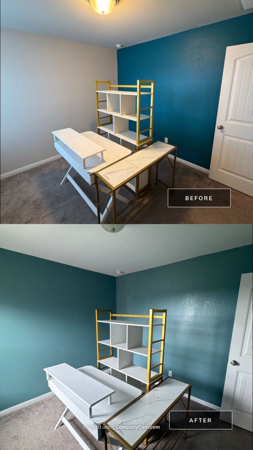 Before and after photo of a home office repainted by Hill Country Painting in Leander, TX
