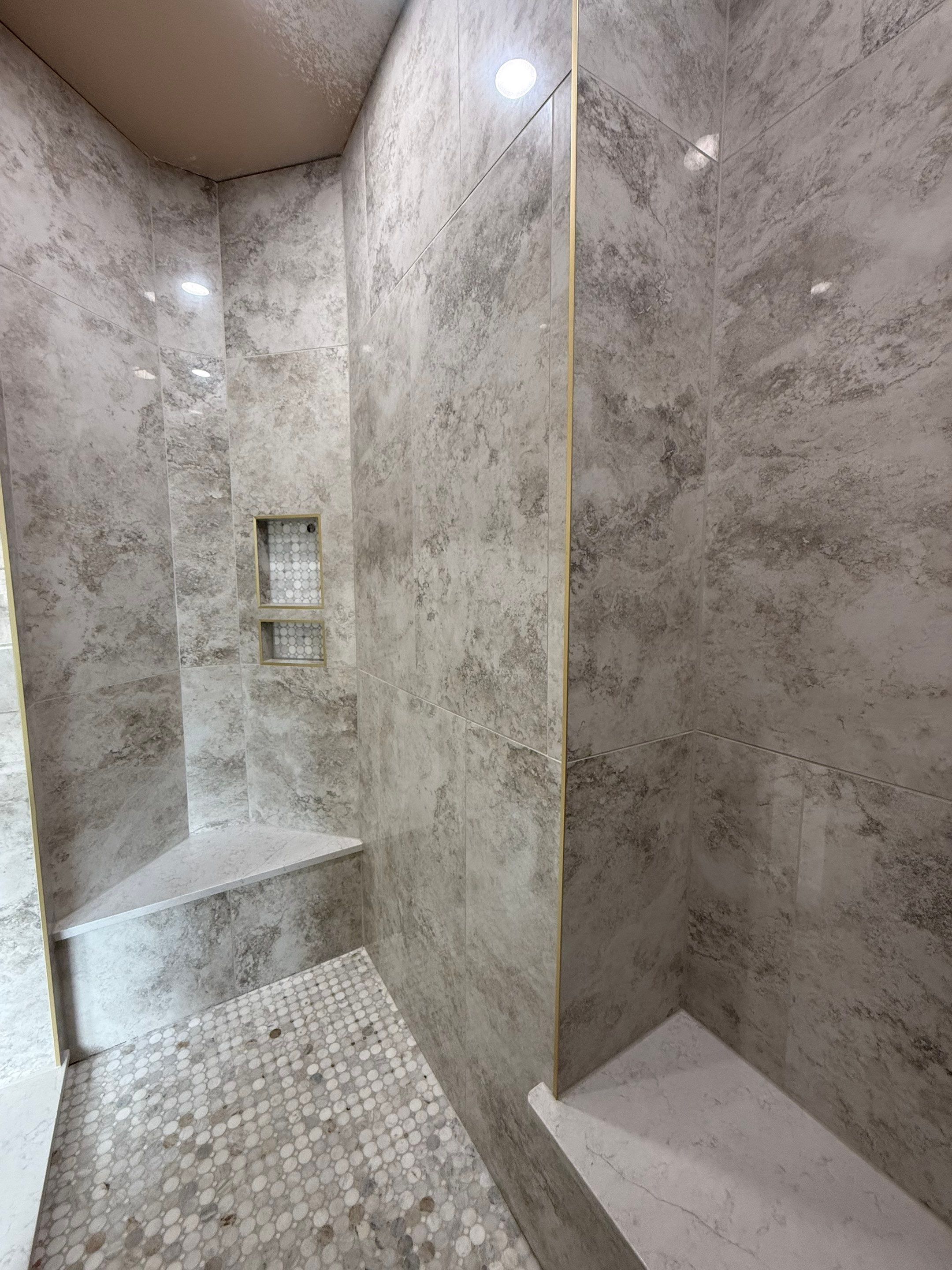 Garden Ridge Master Bathroom Remodel with Custom Walk-In Shower & Warm Green Vanity by Legacy Bath and Kitchen