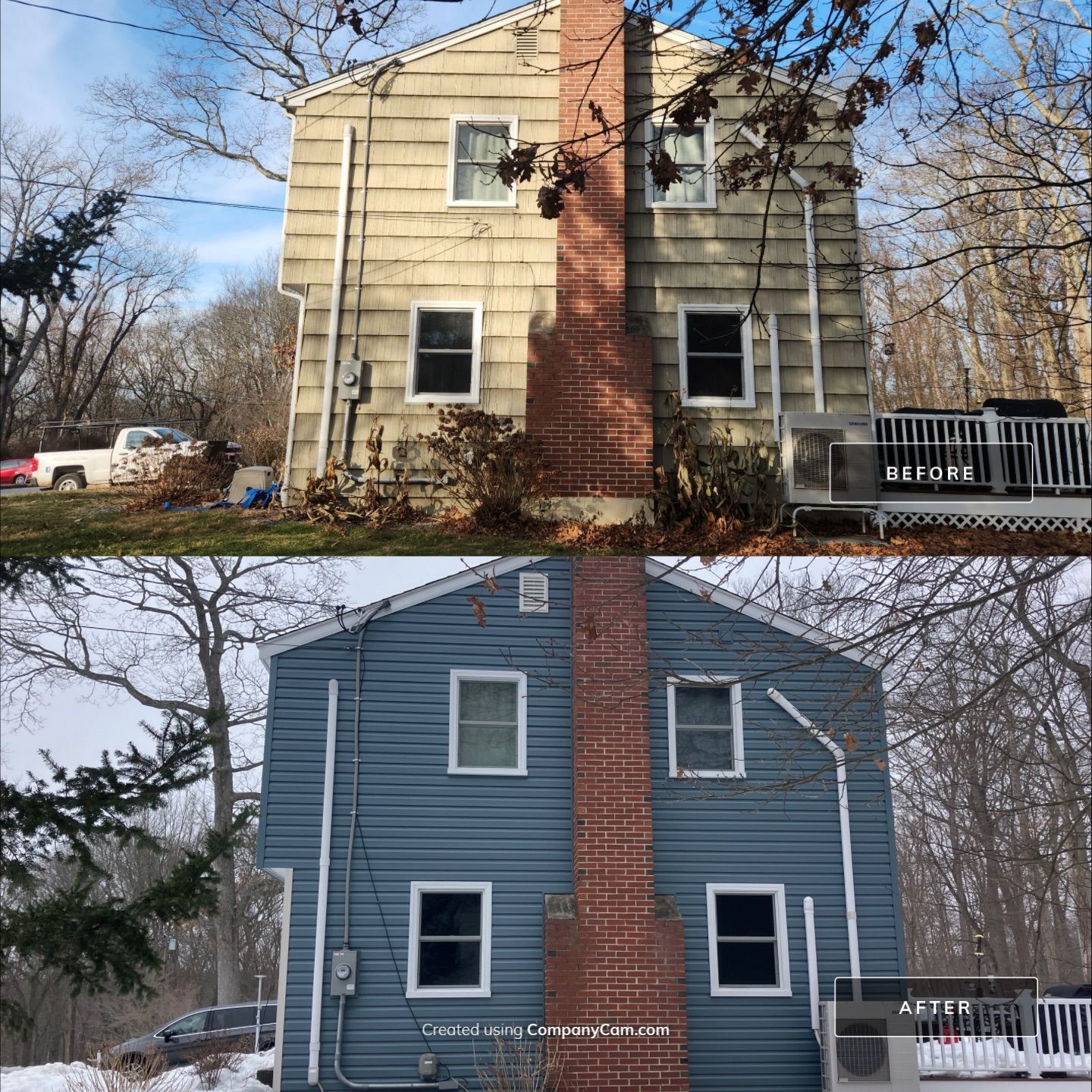 Siding Transformation with Certaplank S/7 insulated Herringbone, and Cert Monogram D/5x12' Dutchlap Wedgewood Blue by DiGiorgi Roofing and Siding Inc