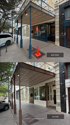 Before and after photo of a metal awning repainted bronze by Hill Country Painting in downtown Austin, TX