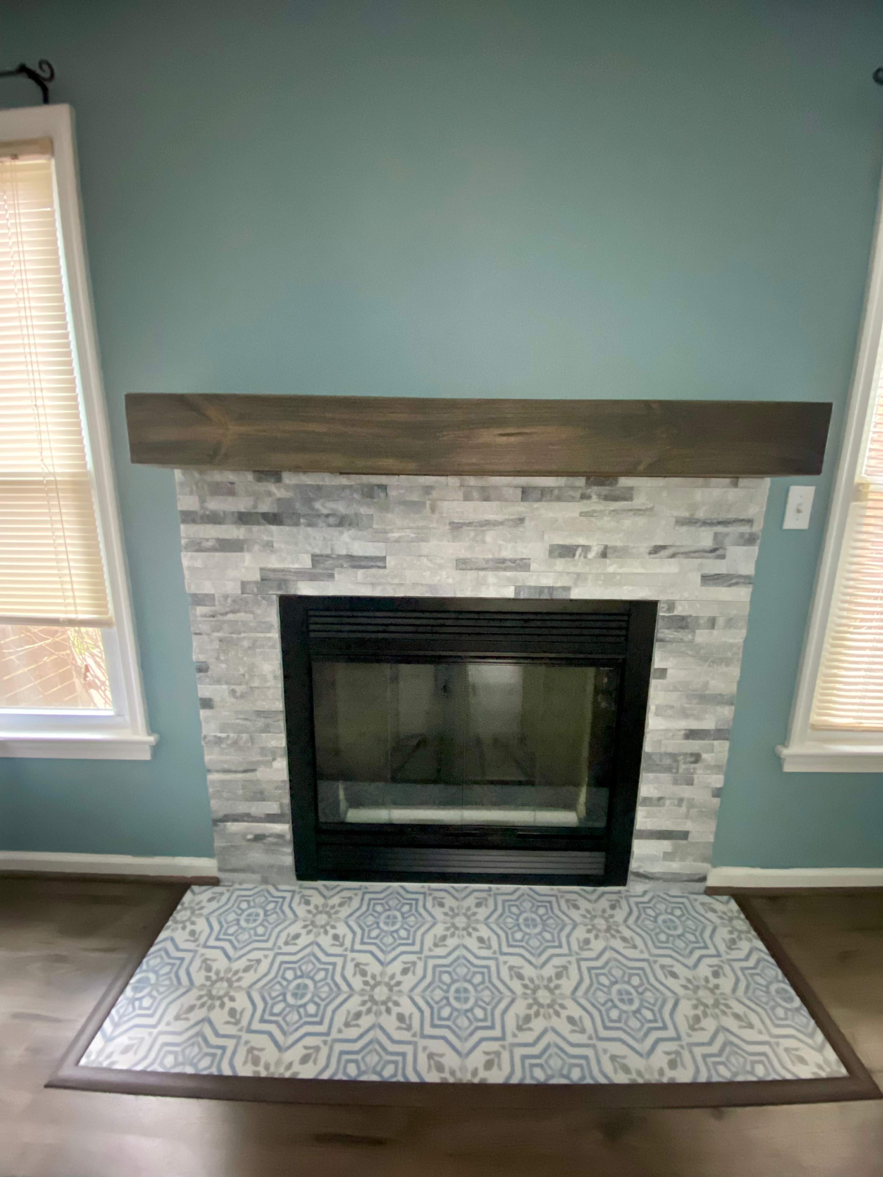 New Fireplace, Tile, Mantel and Glass Doors in Virginia Beach by Premier Chimney and Roofing