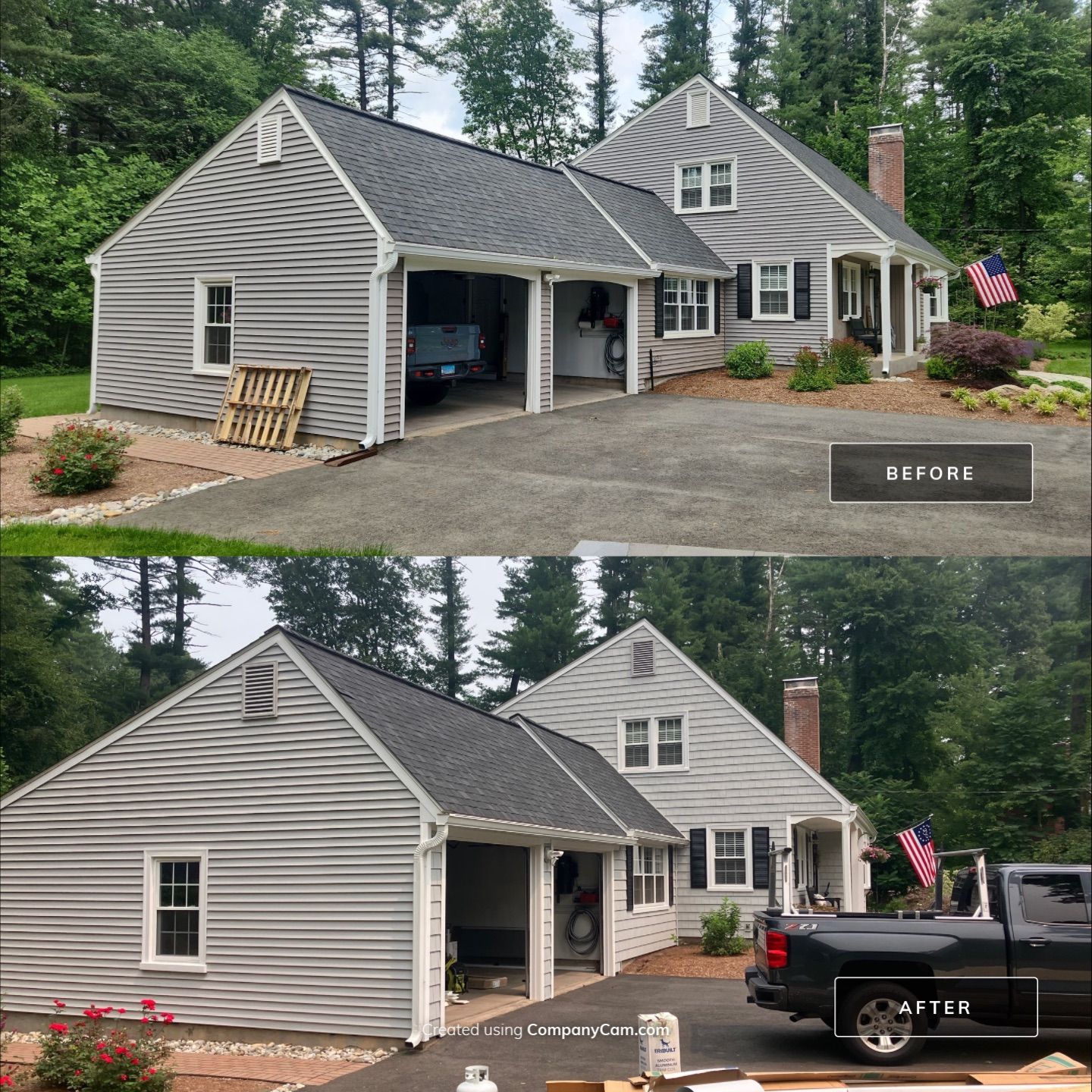 Siding Transformation with Cert Cedar Impressions D/7 Perfection Straight Bottom, Sterling Gray, and Cert Monogram D/4 x 12'6" Clapboard, Sterling Gray by DiGiorgi Roofing and Siding Inc