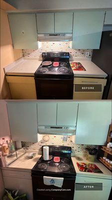 Before and after photo of kitchen cabinets refinished by Hill Country Painting in Austin, TX