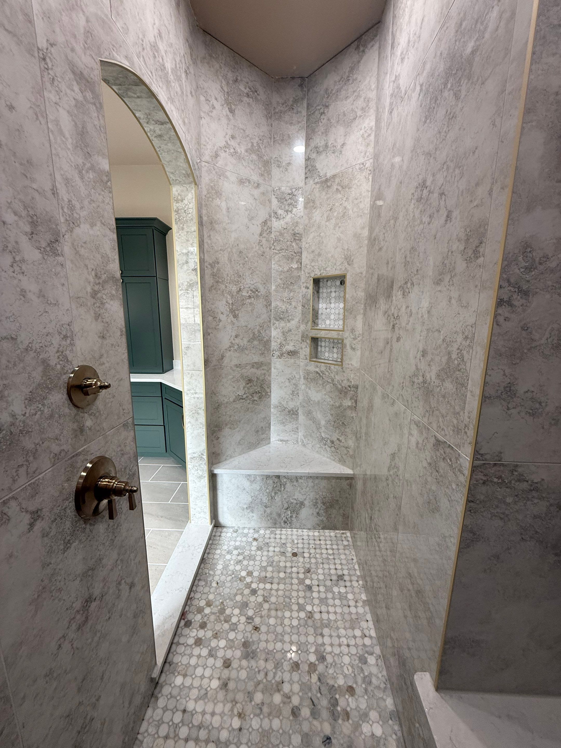Garden Ridge Master Bathroom Remodel with Custom Walk-In Shower & Warm Green Vanity by Legacy Bath and Kitchen