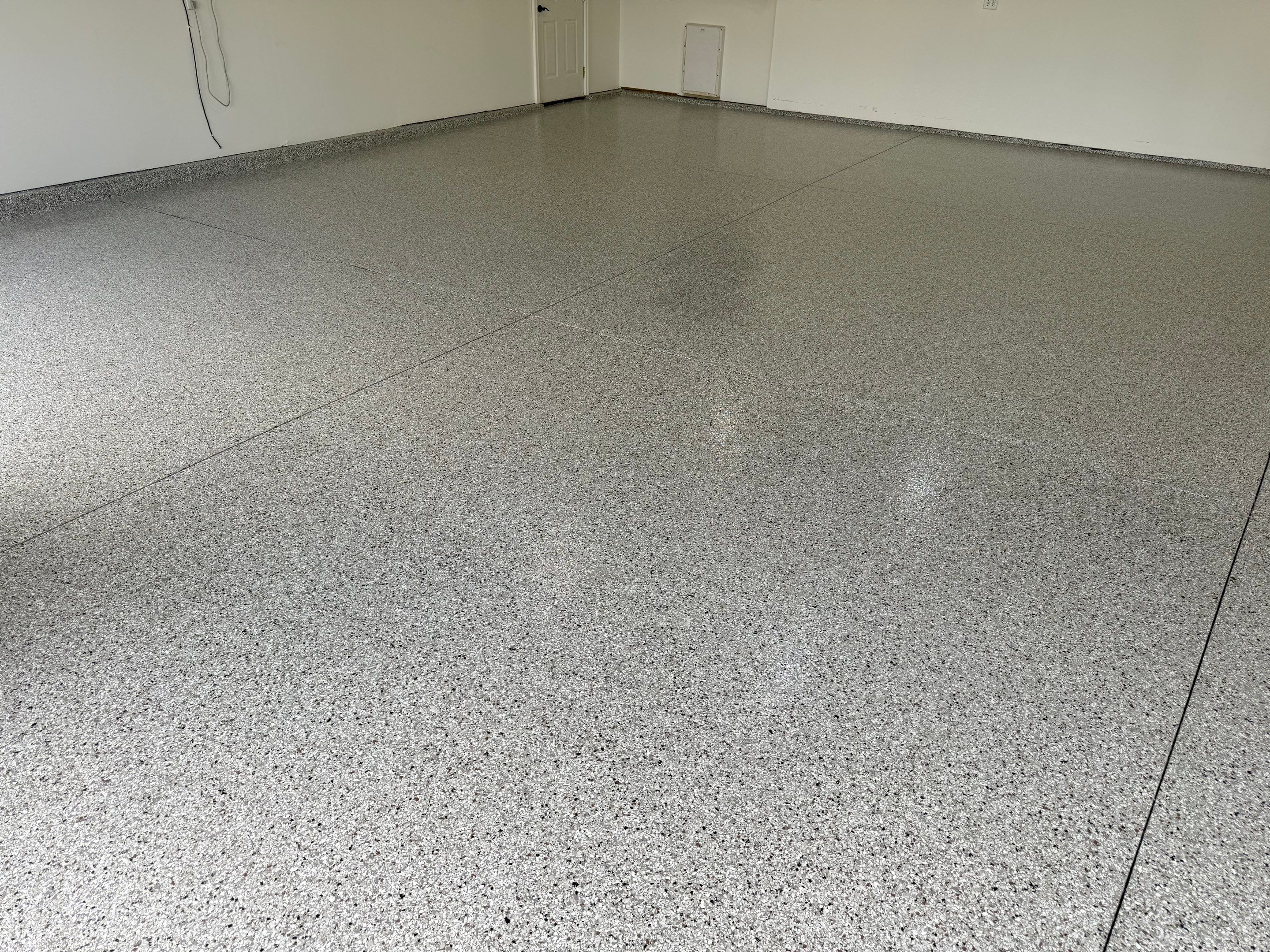 Full Garage Floor Resurfacing and Decorative Epoxy Flake Finish by Select Painting, Coatings & Garage Cabinets