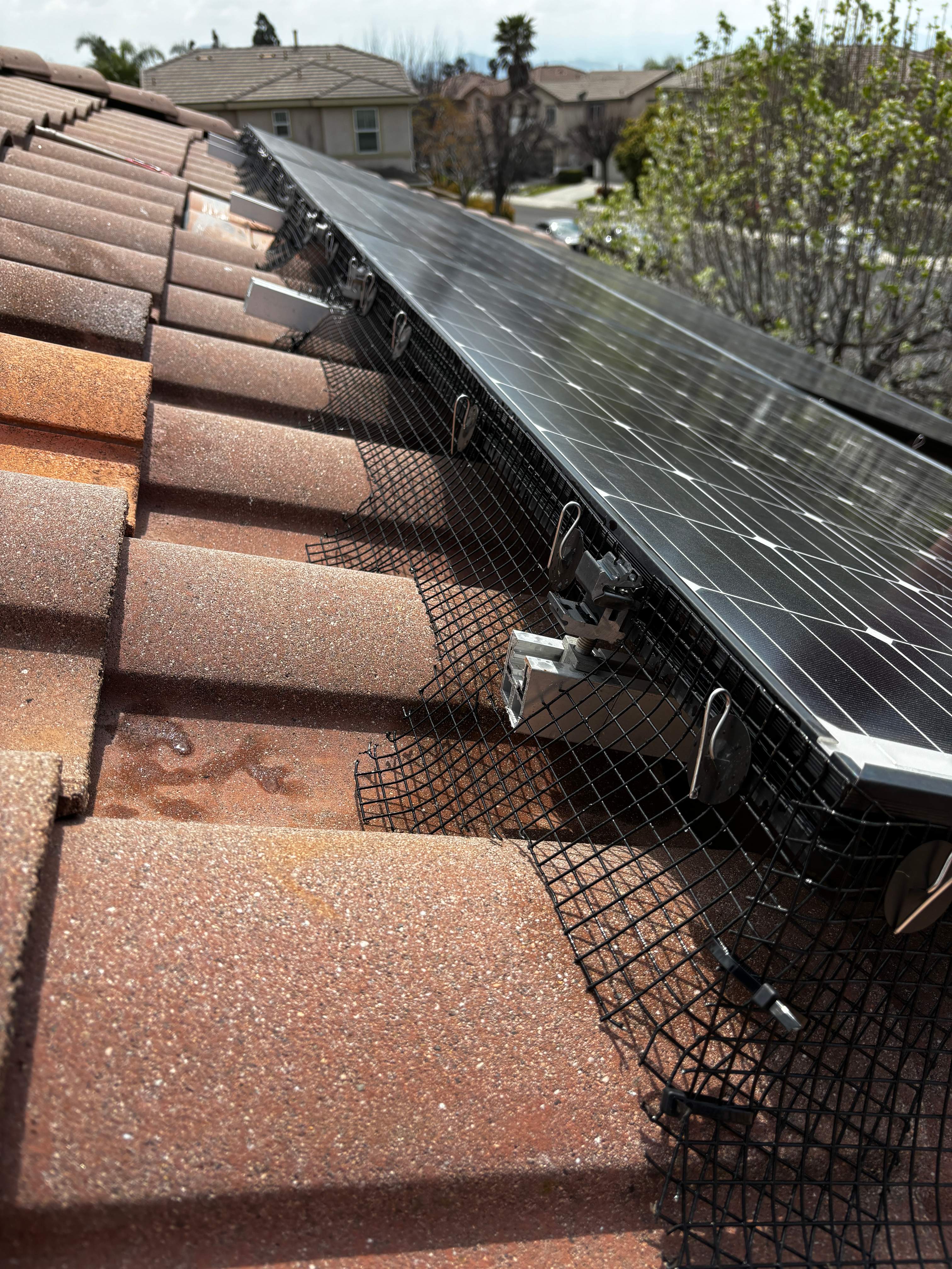 Completed Solar Panel Bird Proofing Project in Fontana Ca by Palm Coast Solar Cleaning