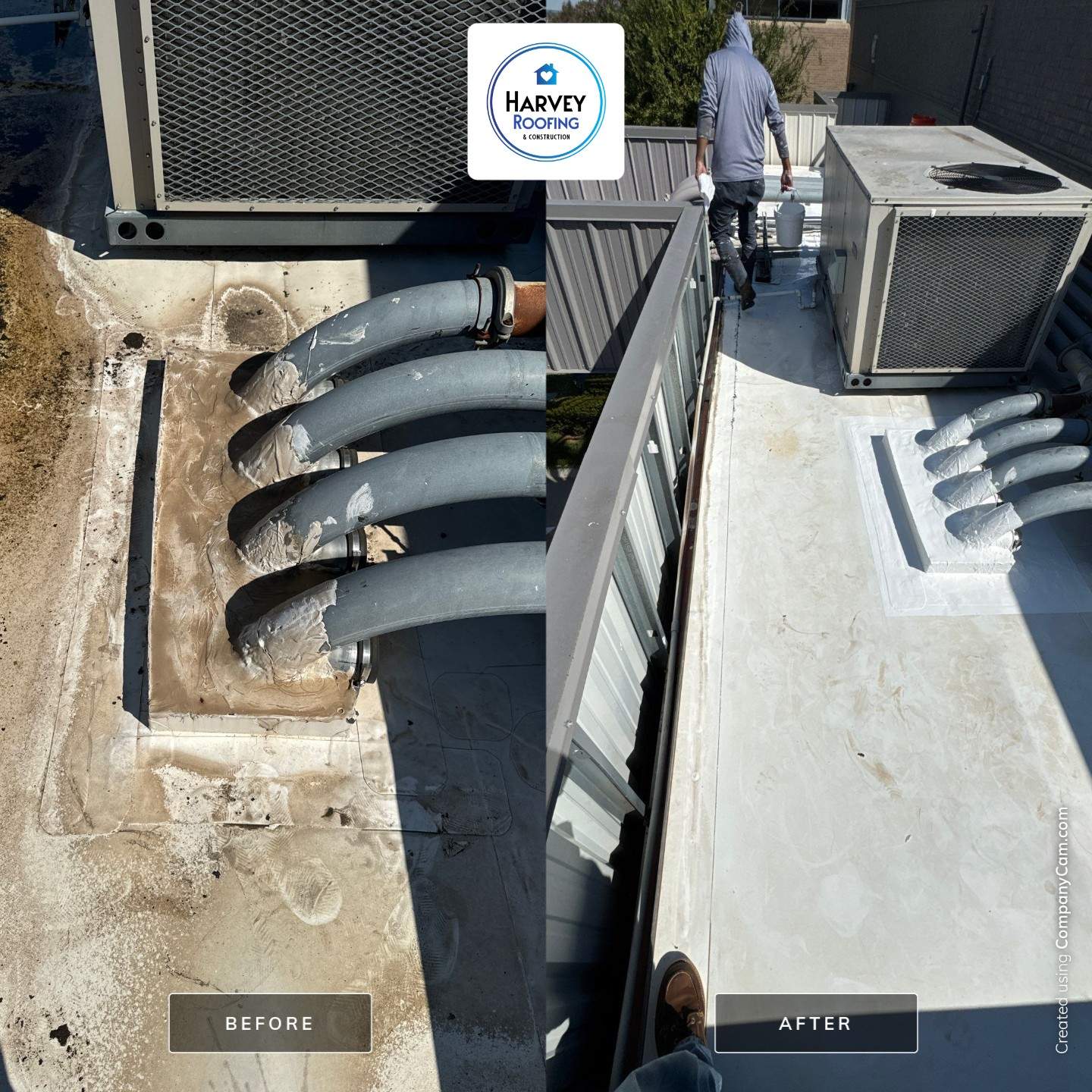 Commercial Roofing Repair using TRP #924 Eterna-Sil Premium Silicone Roof Coating by Harvey Roofing & Construction