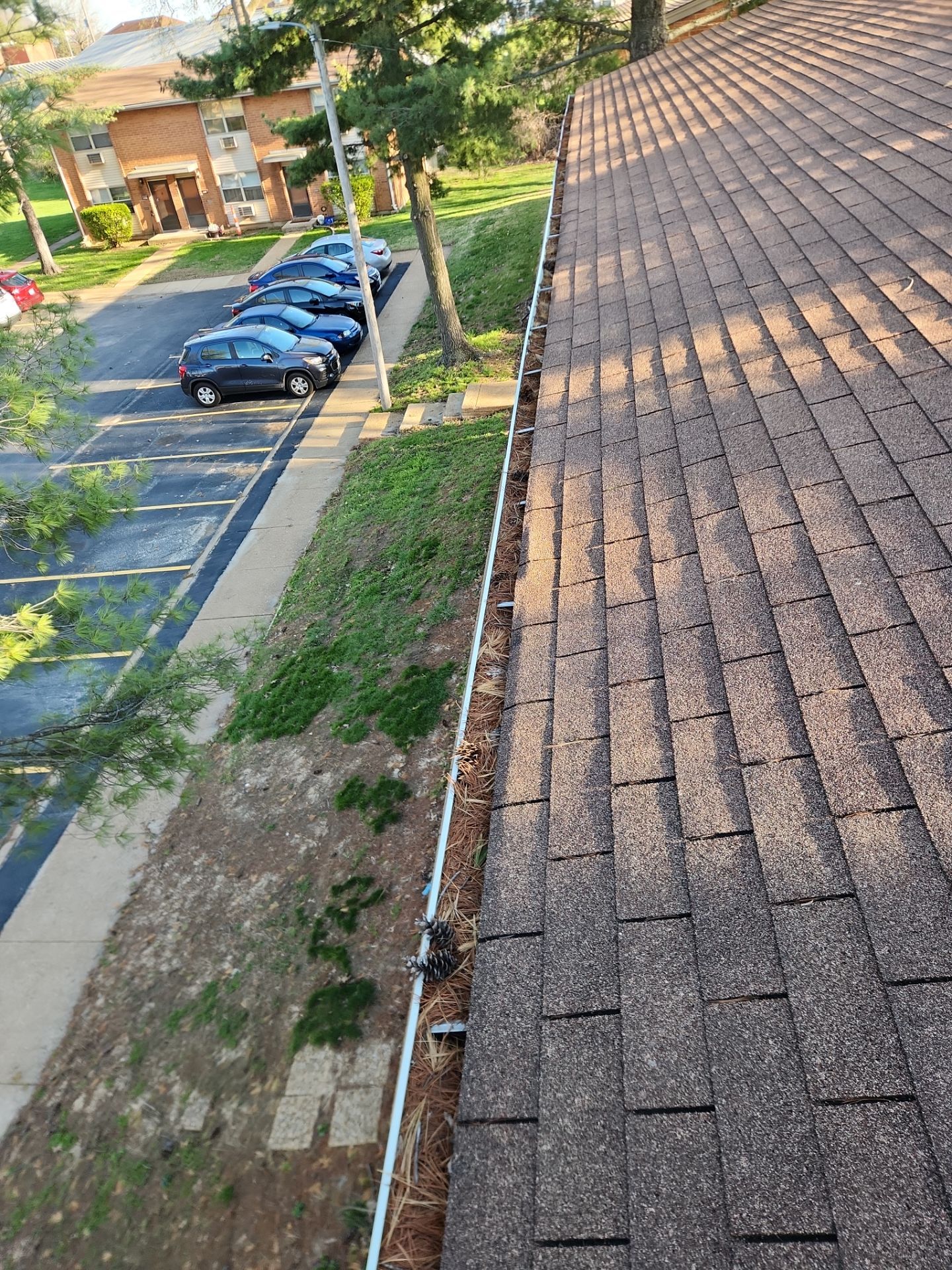 Commercial gutter cleaning St. Louis before photo with filled gutters