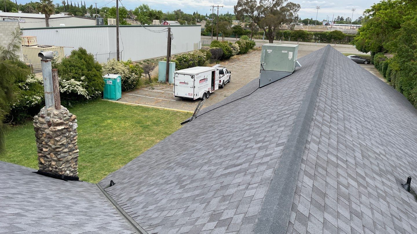 Certainteed Landmark Solaris shingle job at Merced Fairgrounds by Straight Edge Roofing Inc