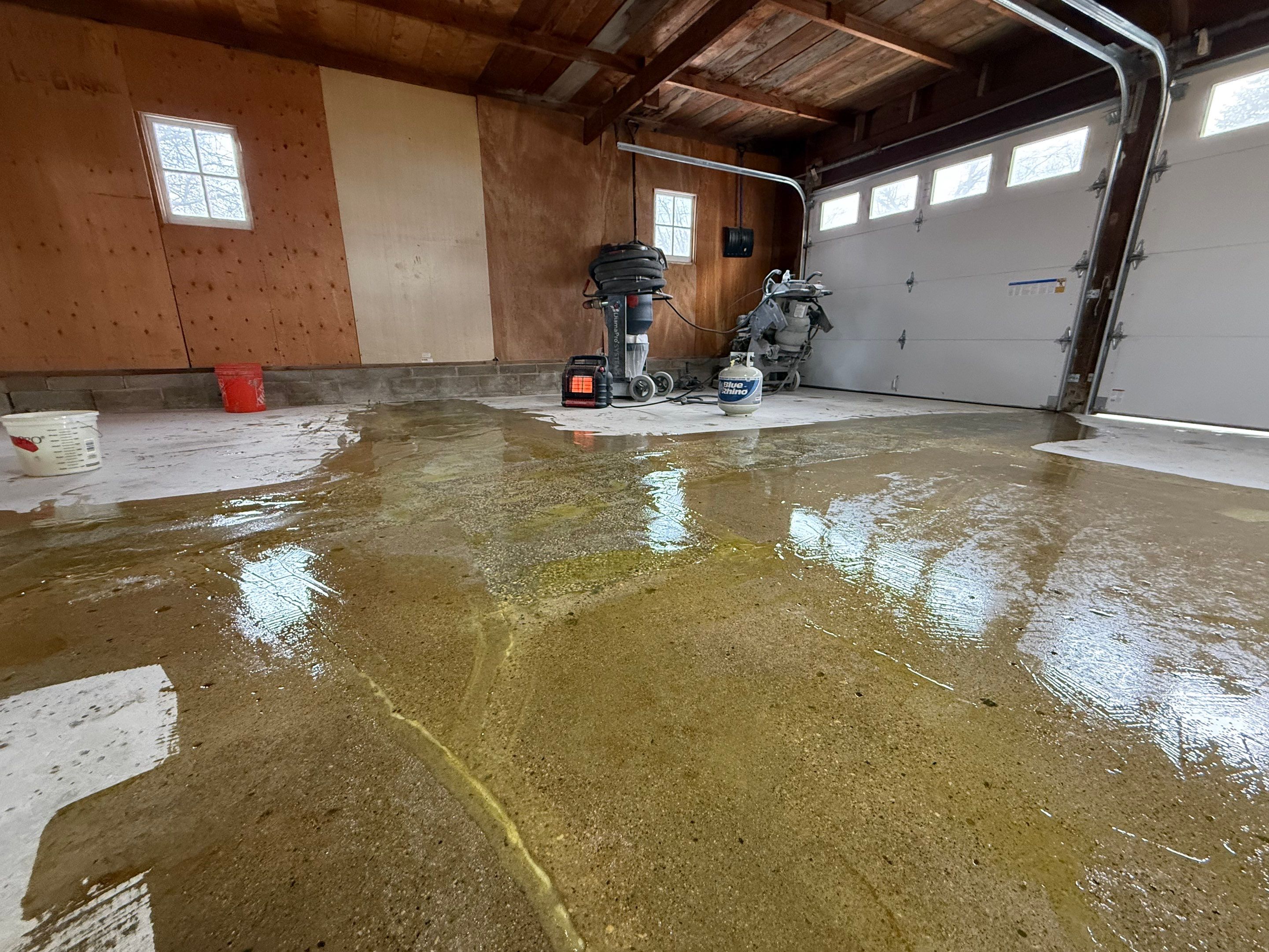 Multi-Colored Epoxy Garage Floor Coating and Concrete Stair Restoration by Select Painting, Coatings & Garage Cabinets