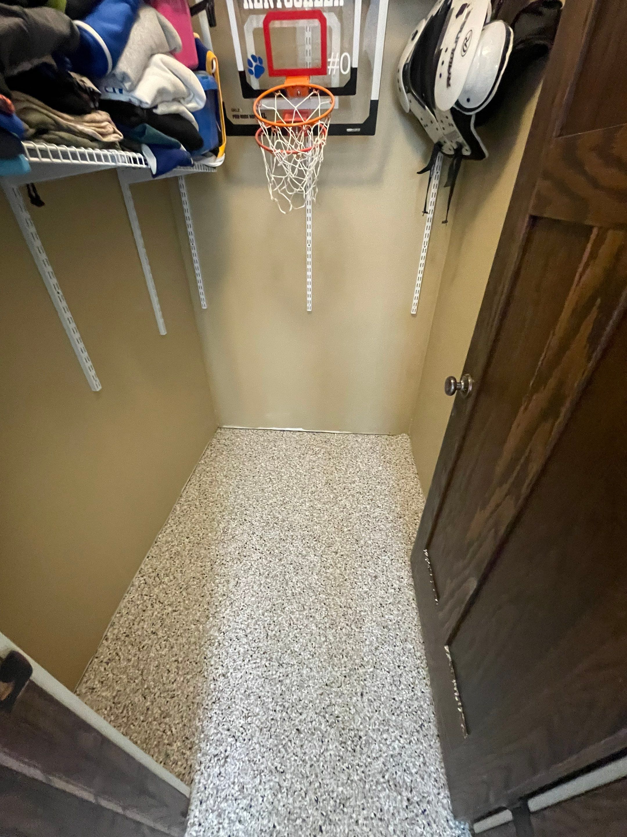 Decorative Flake Concrete Floor Coating for Larchwood Basement by Select Painting, Coatings & Garage Cabinets