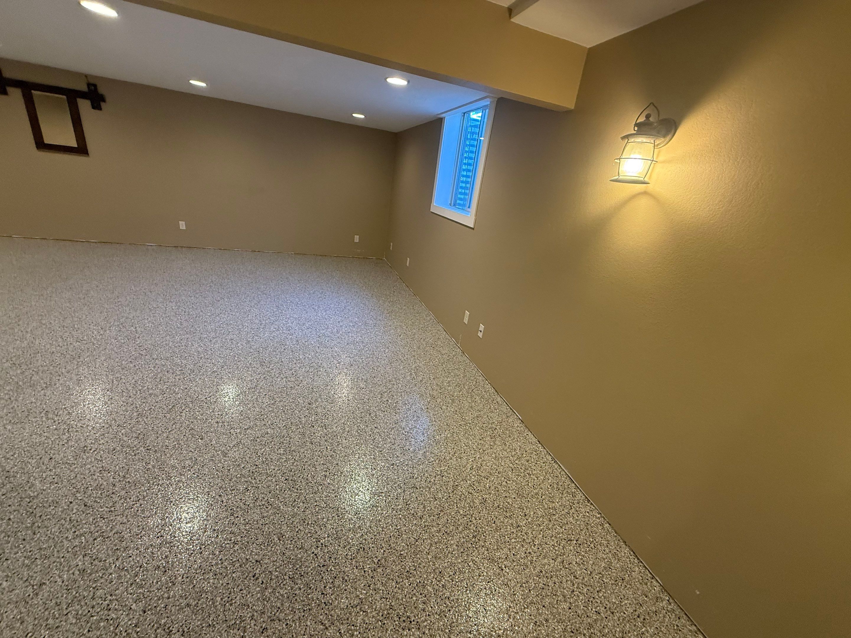 Decorative Flake Concrete Floor Coating for Larchwood Basement by Select Painting, Coatings & Garage Cabinets