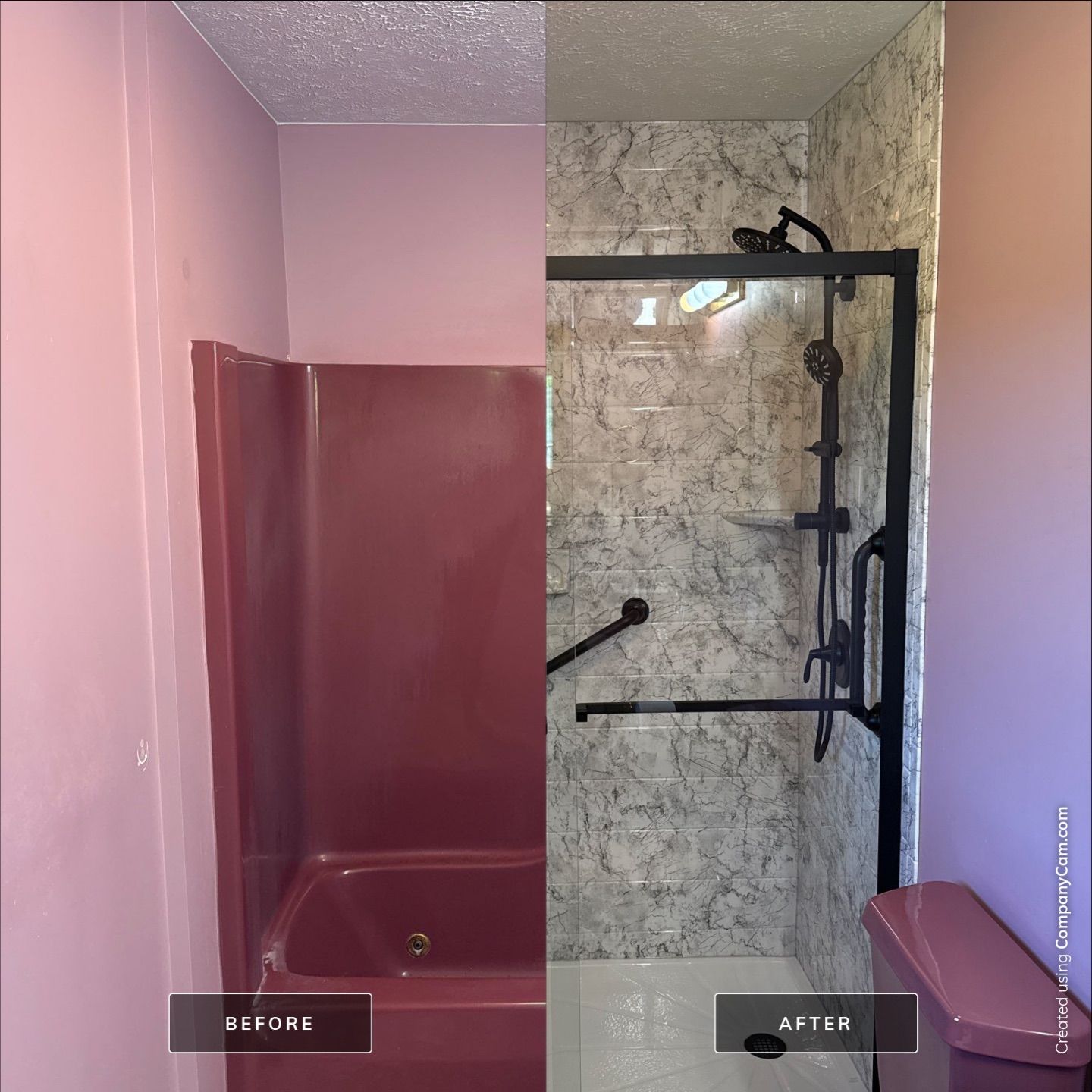 Kingsley Bath and Shower Remodel with Marble-Patterned Acrylic Surround by Rainbow Seamless Systems
