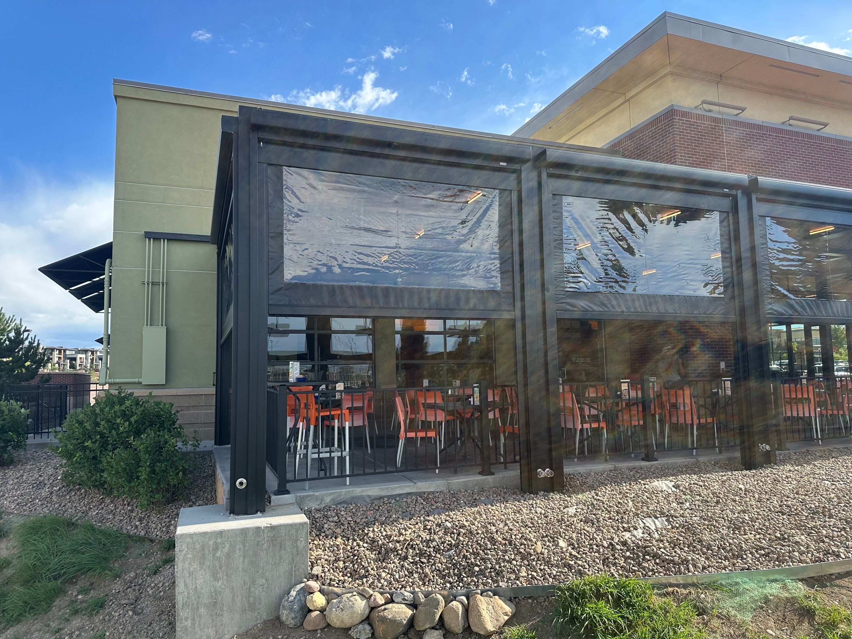 Commercial Azenco Pergola and MagnaTrack Screen Installation in Lone Tree by Outdoor Solutions Colorado
