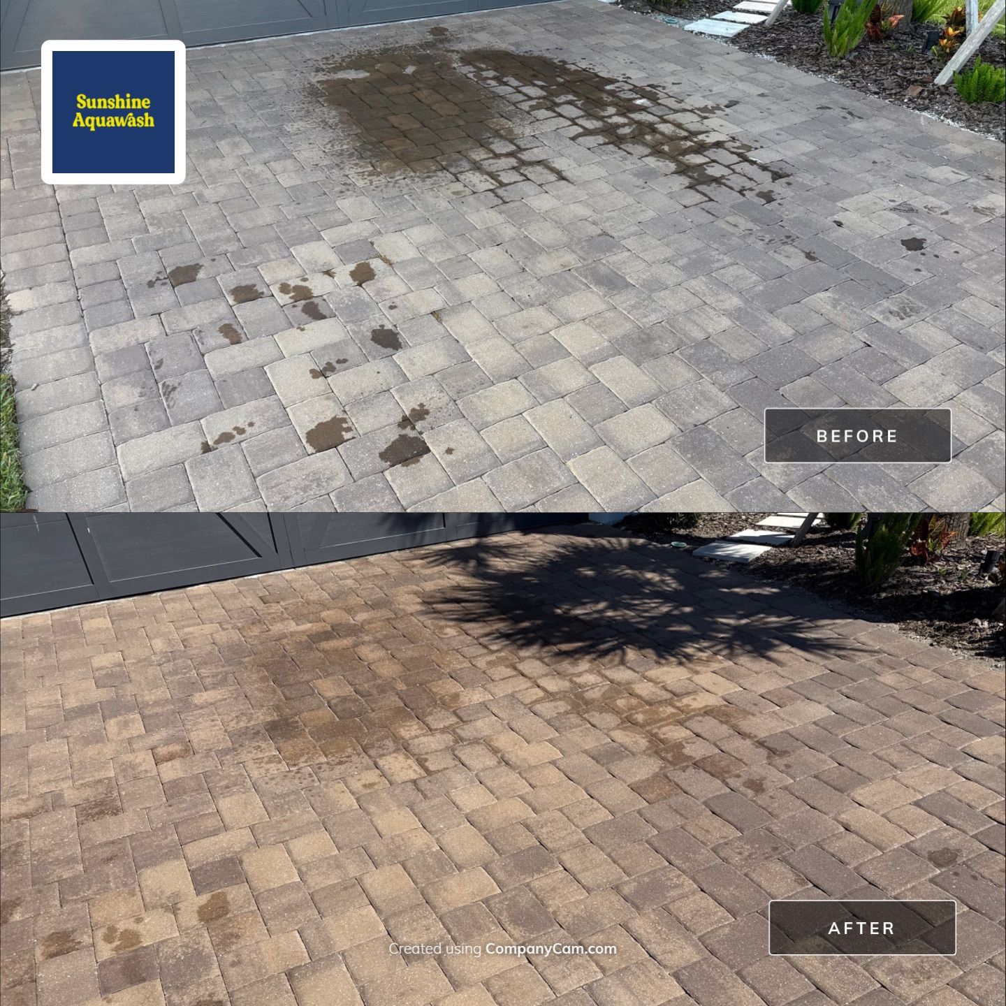 Oil Stain Removal on Paver Driveway | Esplanade at Artisan Lakes, Palmetto FL by Sunshine AquaWash