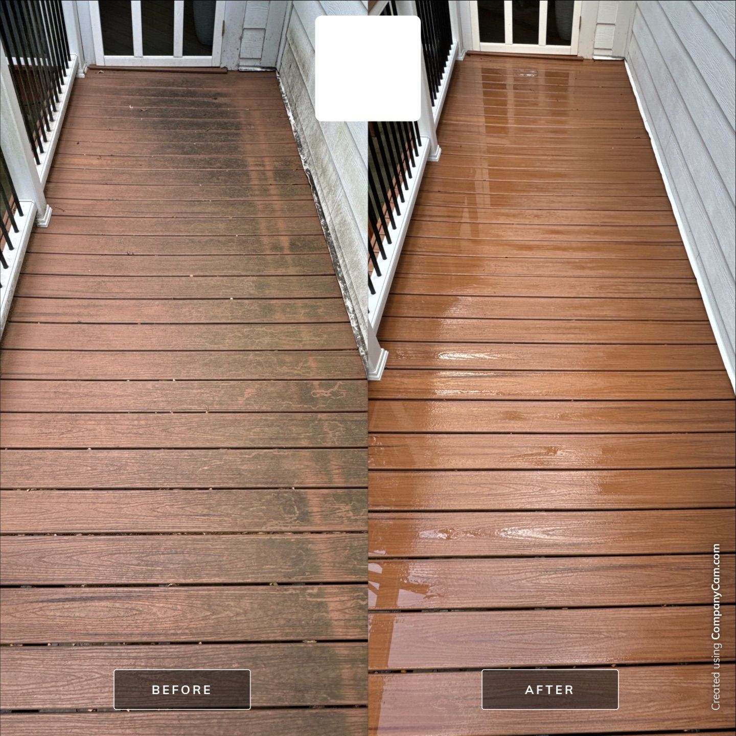 pressure washing company cleaning a wooden deck making it look significantly cleaner and restoring its natural color