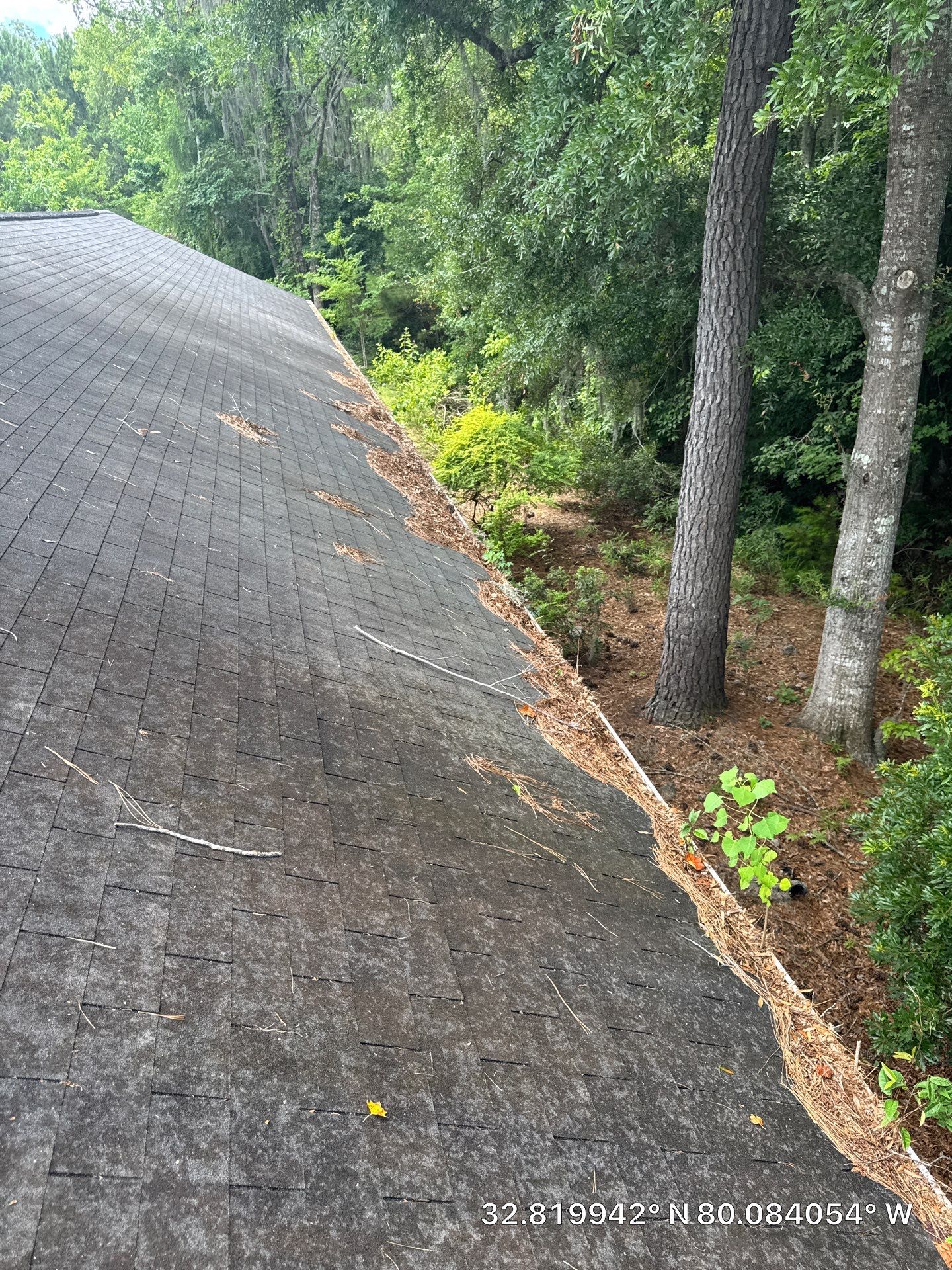 Commercial gutter cleaning Ridgeville, SC before photo with filled gutters