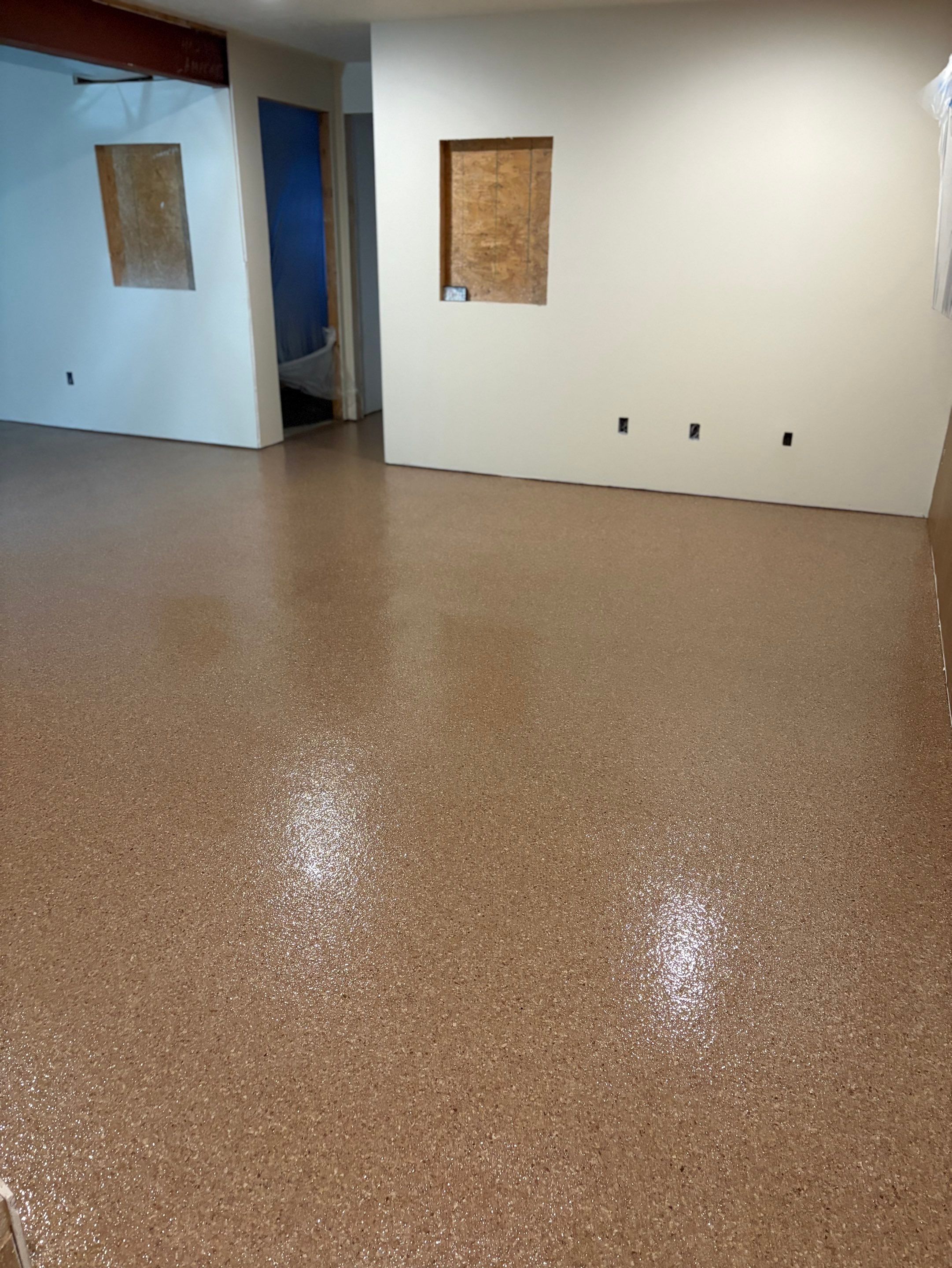 Custom Chip Concrete Coating for Colman Basement and Garage by Select Painting, Coatings & Garage Cabinets