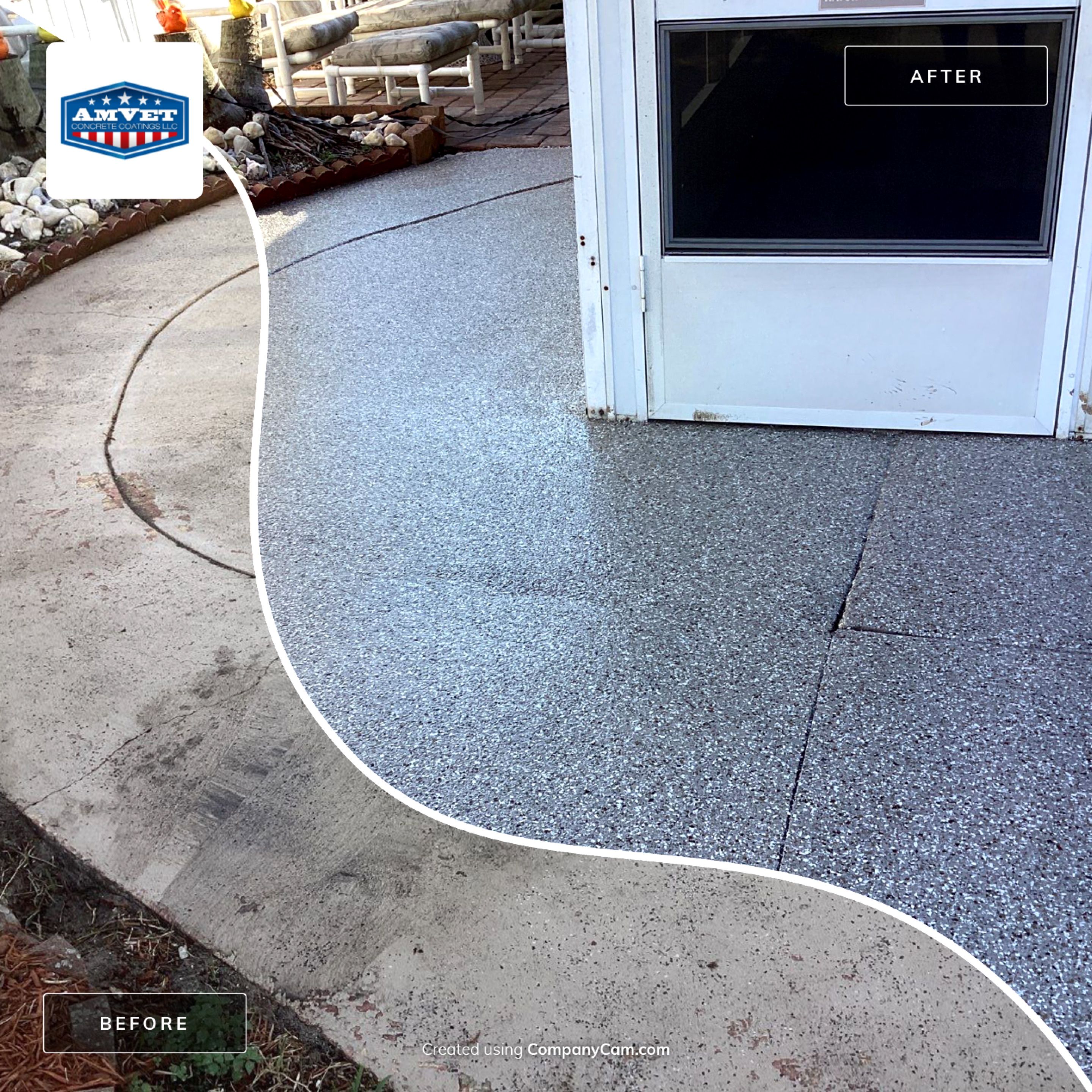 Driveway using Pebble Beach by Amvet concrete coatings llc