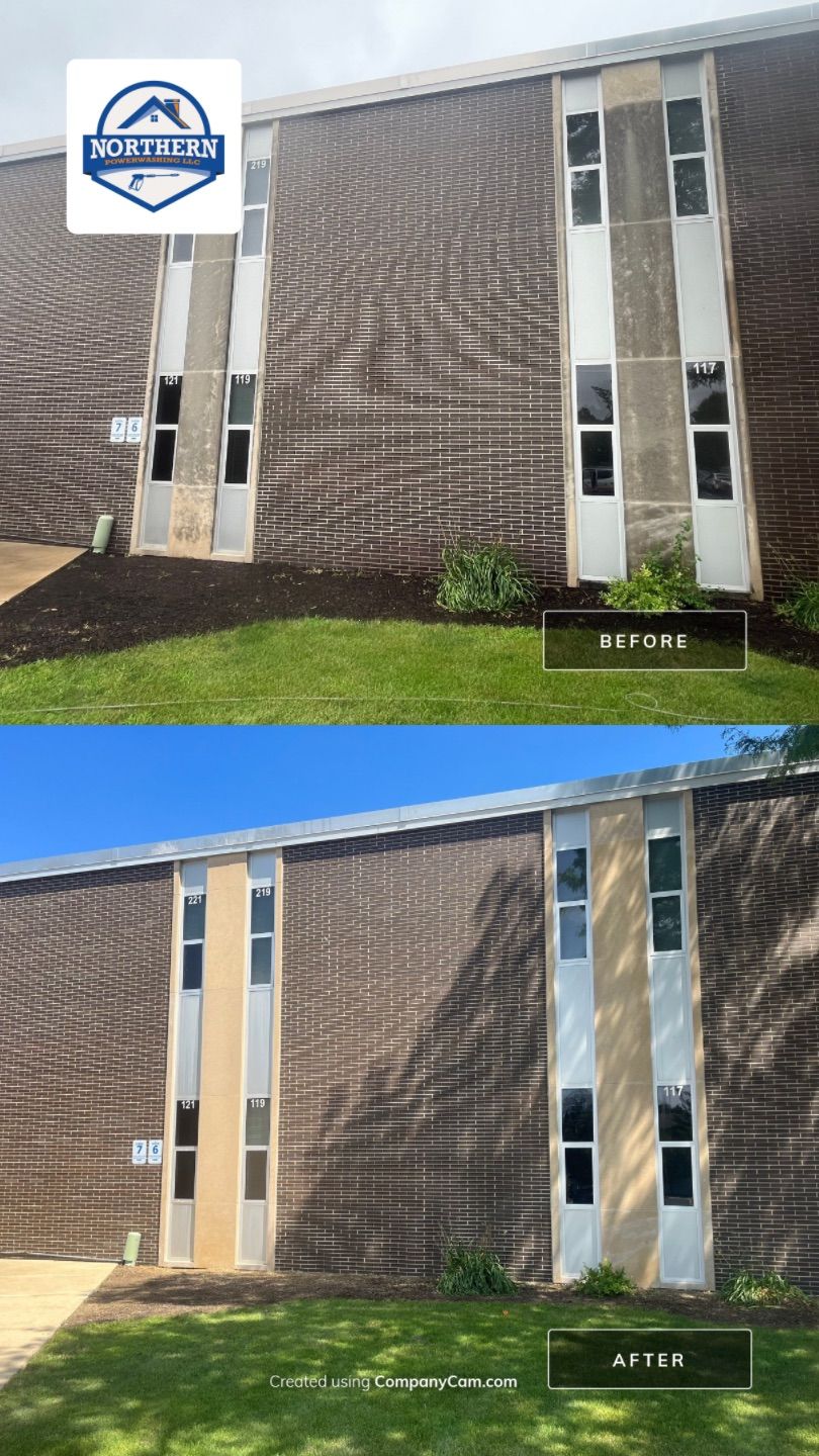 commercial pressure washing using Algaecide, soft wash soap by Northern Power Washing LLC.
