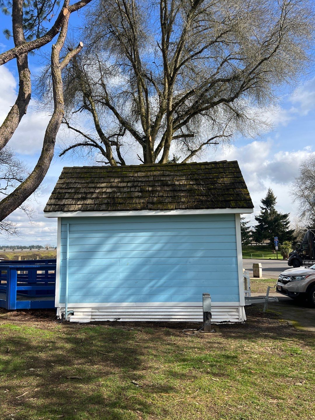 Cedar Shake Install using #1 Blue Label Cedar Shingles for the Albany Visitors Association  by Orezona Building & Roofing Company, Inc.