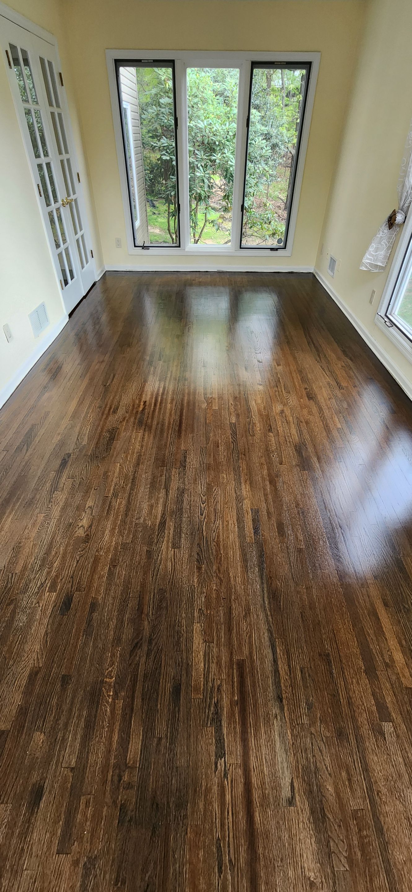 Red Oak refinished with DuraSeal Jacobean Stain and Bona Semi Gloss by Footprints Floors Morristown